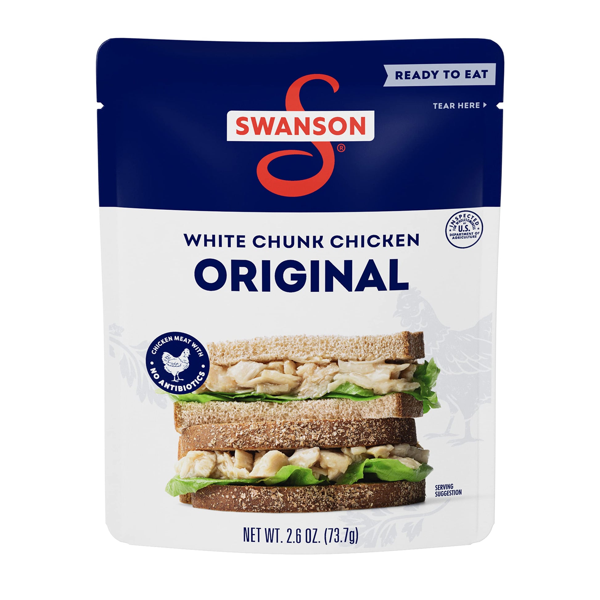 Swanson Original White Chunk Fully Cooked Chicken, Ready To Eat, Simple On-The-Go Meals, 2.6 Oz Pouch
