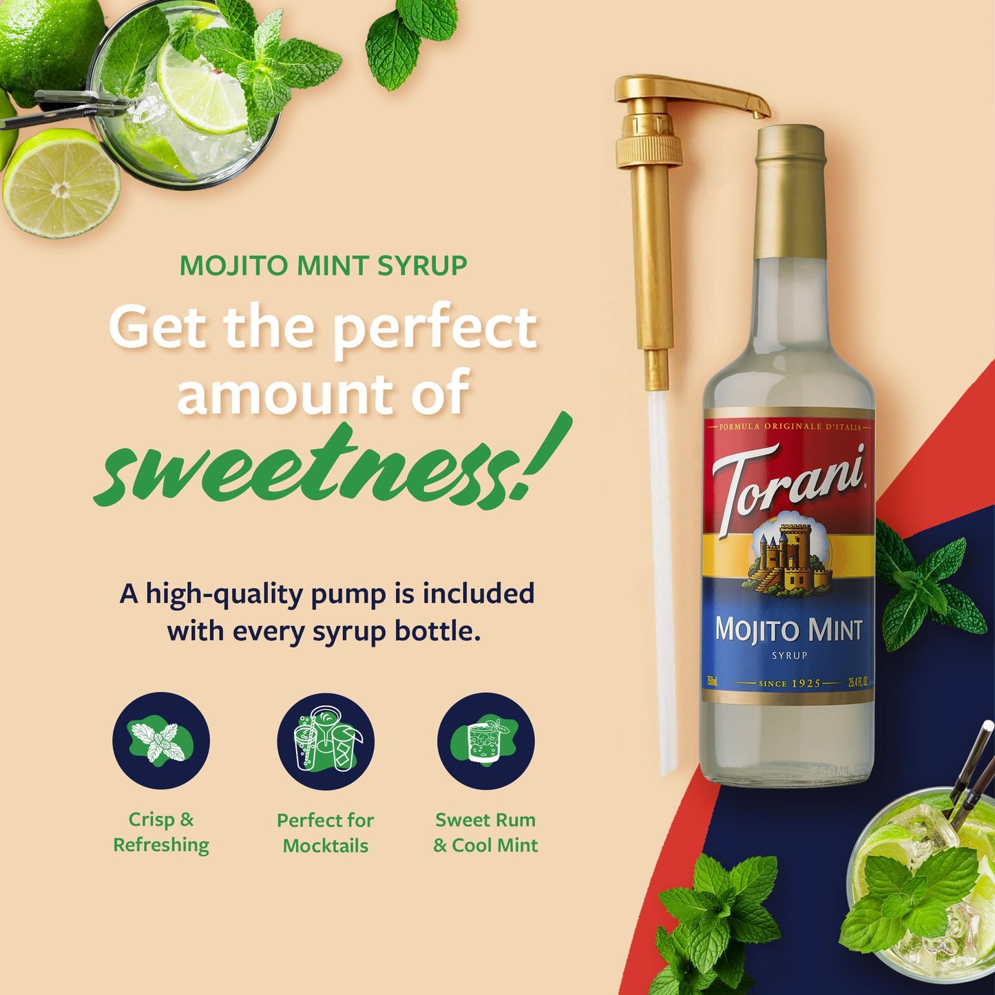 Torani Mojito Mint Syrup, Flavoring for Drinks, 25.4 Fl Oz, Glass Bottle with Pump Included
