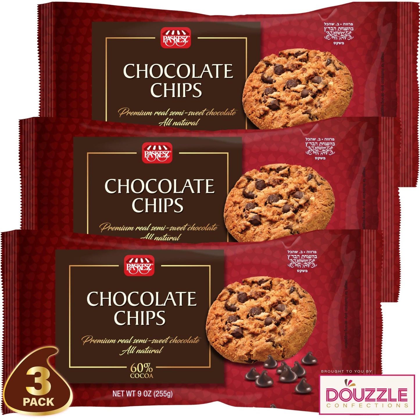 DOUzzle Dark Chocolate Chips for Baking - Premium 60% Cocoa Semi-Sweet (9 OZ - Pack of 3) Kosher Parve