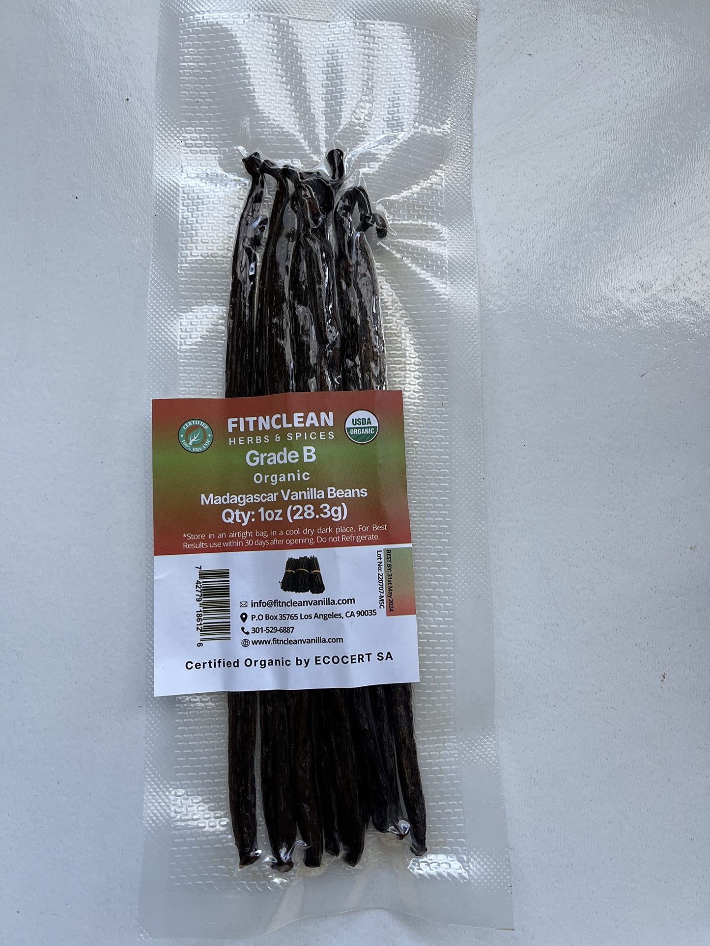 FITNCLEAN VANILLA 1oz Madagascar Vanilla Beans Grade B, USDA Organic, Whole Non-GMO Pods