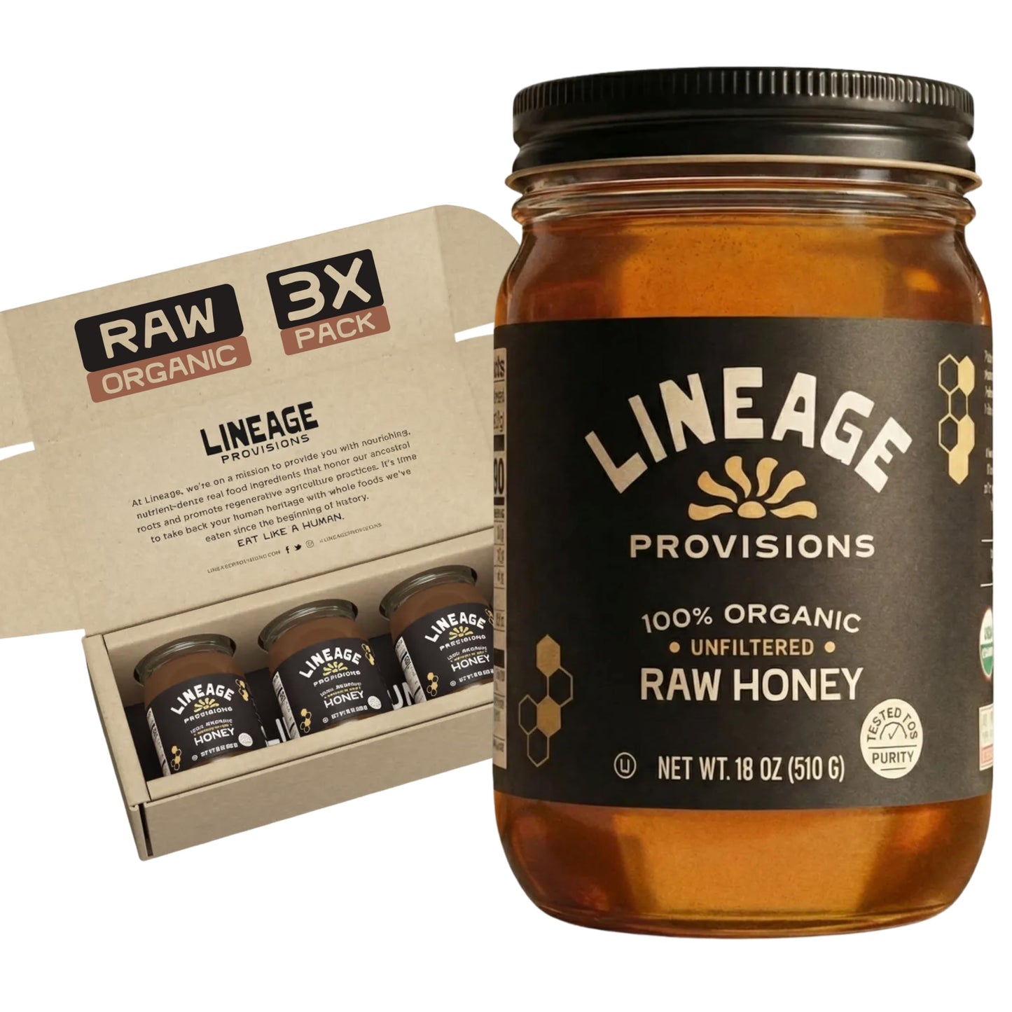 Lineage Provisions 100% Organic Raw Unfiltered Honey - 3-Pack (18 oz Glass Jars) - Undetectable Glyphosate, Chemical-Free, Glute