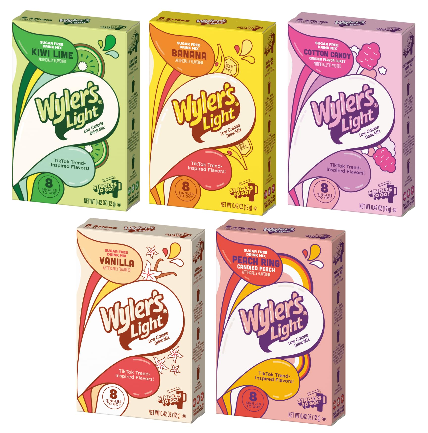 Wylers Light Powdered Drink Mix Variety Pack - 5 Flavors: Cotton Candy, Peach Ring, Banana, Vanilla, Kiwi Lime - 0.42 Ounce (Pack of 5)