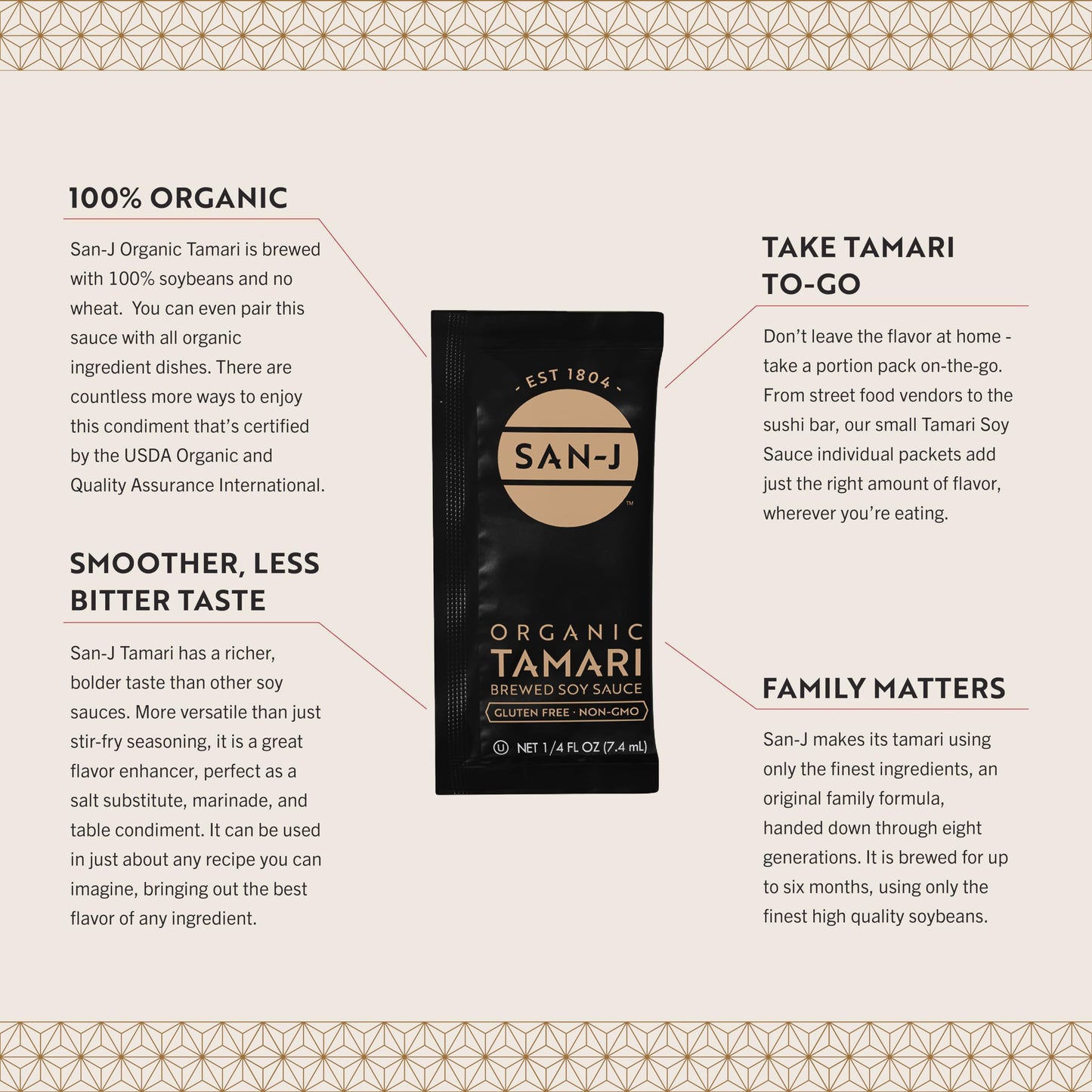 San-J - Organic Gluten Free Tamari Soy Sauce - Made With 100% Whole Soy - Specially Brewed - 1/4 Oz. Individual Portioned Packet