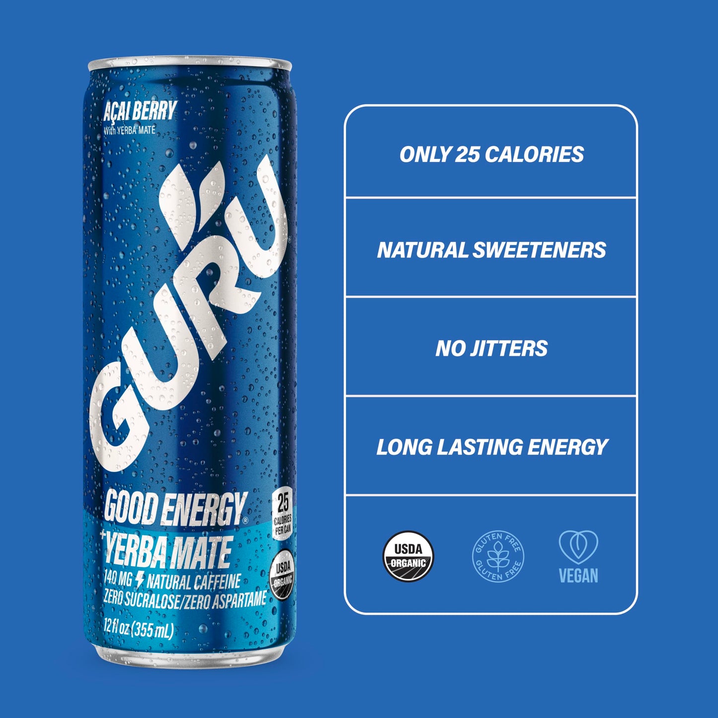 GURU Yerba Mate Organic Energy Drink, Low Calorie, 140mg Caffeine, Acai Berry, 12oz (Pack of 24)