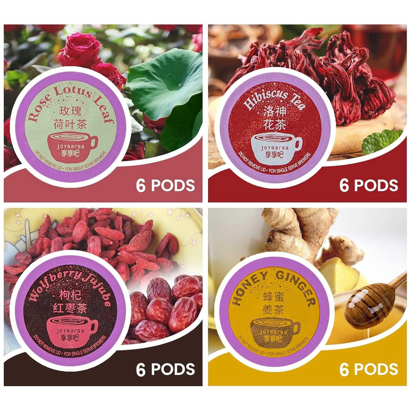 Eastsign Tea K Cups, 24-Count Tea Variety Pack, 4 Flavors K Cup Tea Pods Rose Lotus Leaf, Wolfberry Jujibe,Honey Ginger,Hibiscus Tea, Gifts For Festival