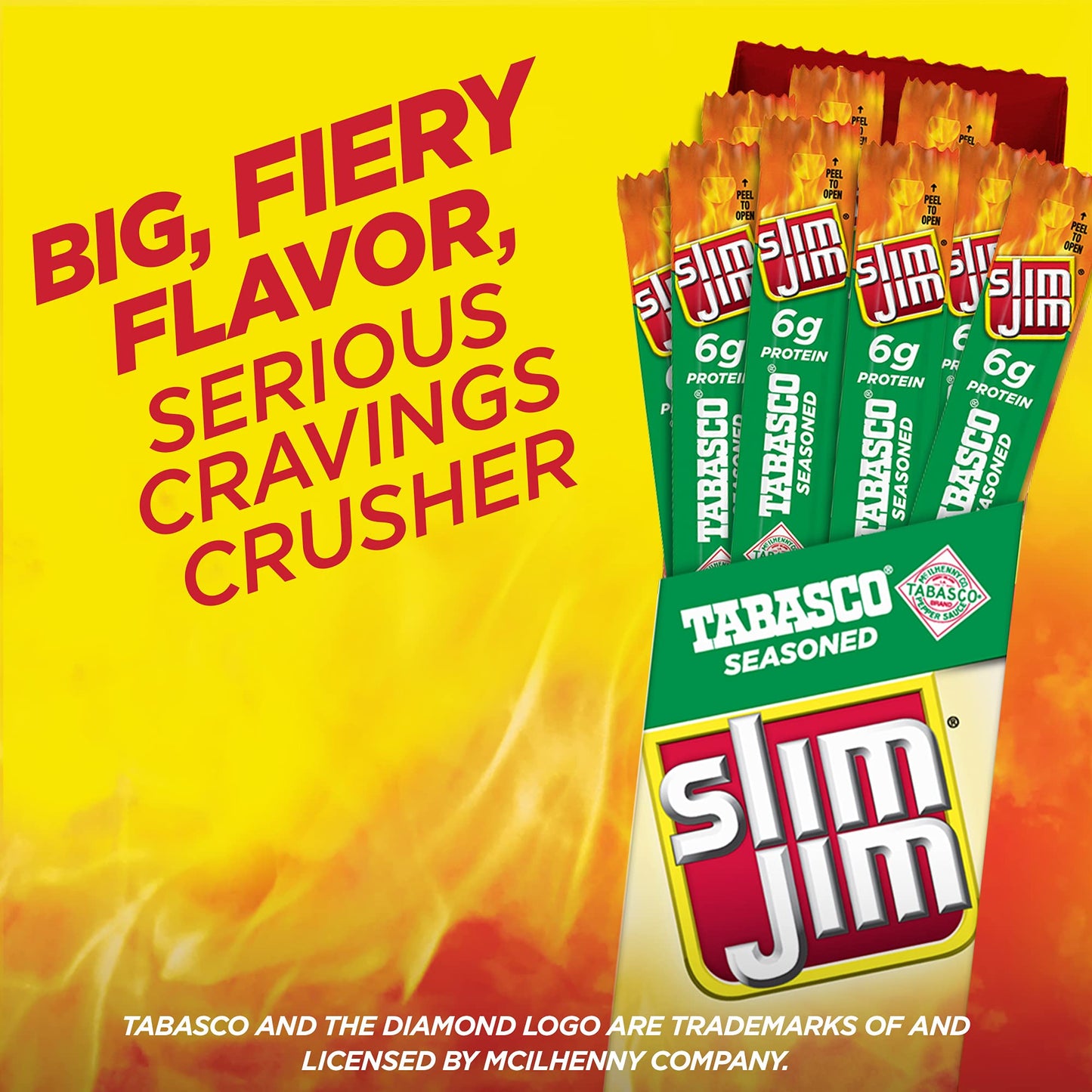 Slim Jim Giant Smoked Meat Sticks, Tabasco Flavor, 6g Protein, 0.97 oz. (24 Count), Model 11730