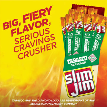 Slim Jim Giant Smoked Meat Sticks, Tabasco Flavor, 6g Protein, 0.97 oz. (24 Count), Model 11730