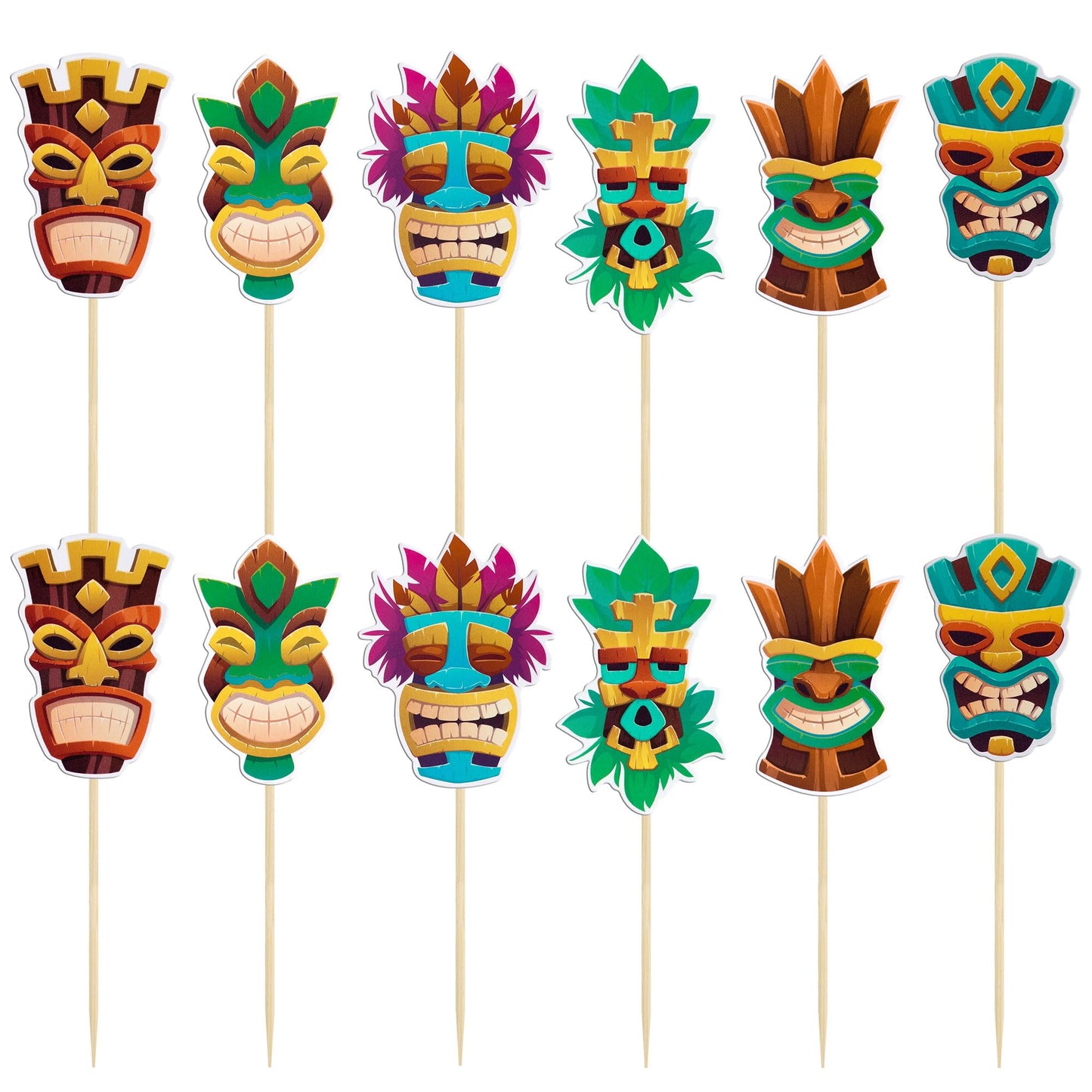Gyufise 36Pcs Hawaii Tiki Cupcake Toppers Hawaiian Tropical Tiki Totem Hawaiian Themed Party Cake Decorations For Summer Aloha T