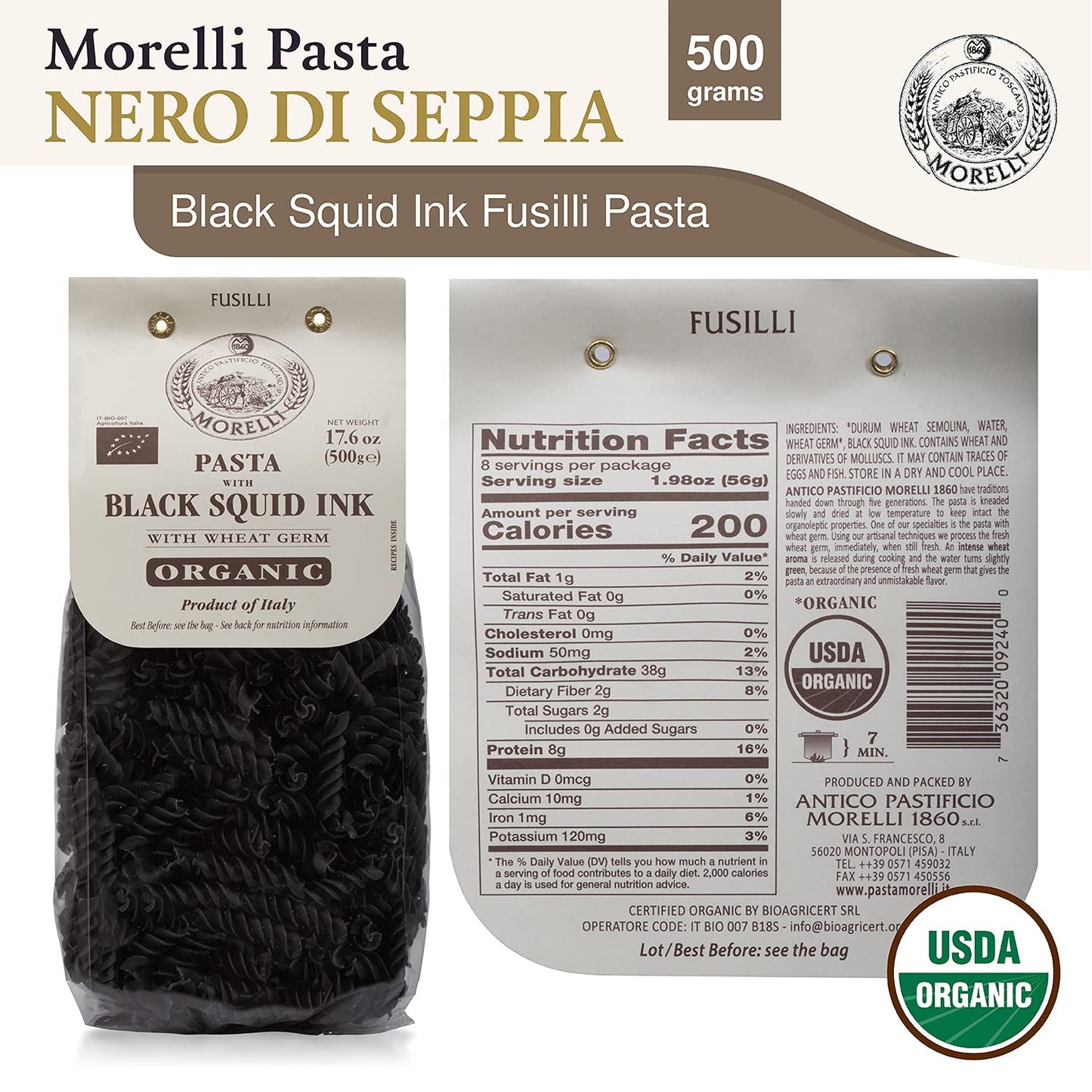 Morelli Squid Ink Pasta Fusilli (Rotini) - Organic Italian Pasta - Black Pasta Noodles - Durum Wheat Semolina - Nero Di Seppia M