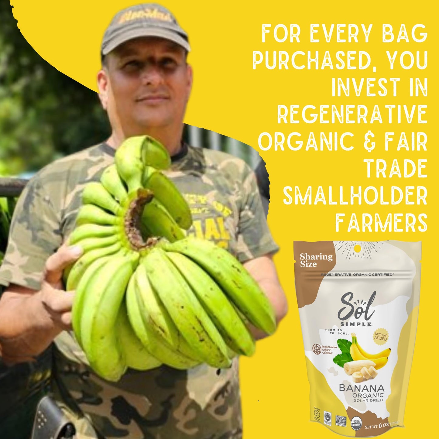 Sol Simple Regenerative Organic Certified, Dried Banana | 3Oz Snack Pack (3 Bags Total) | Dried Fruit | Vegan | Non-Gmo | No Add