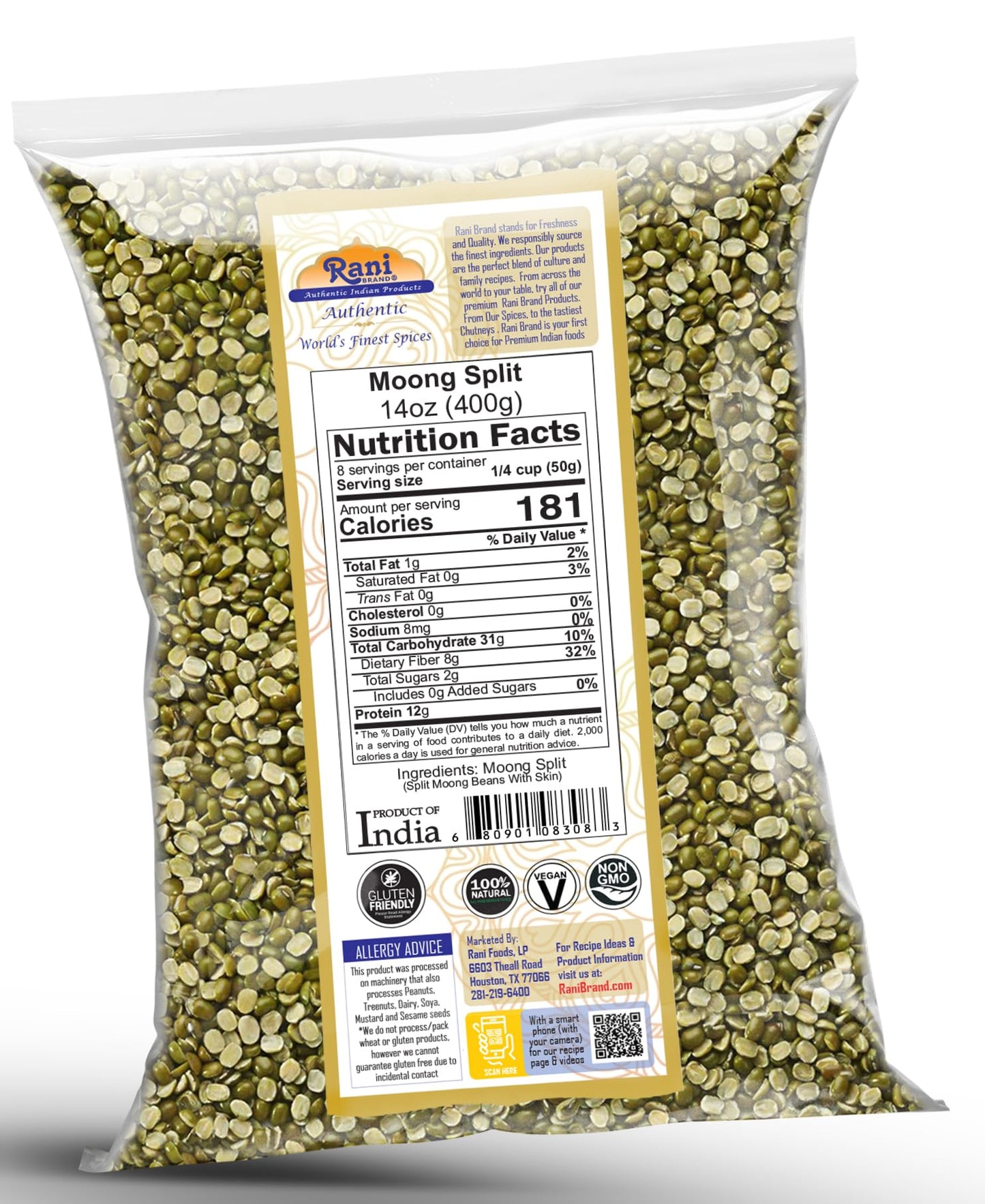 Rani Moong Split (Split Mung Beans With Skin) Lentils Indian 14Oz (400G) ~ All Natural | Gluten Friendly | Non-Gmo | Kosher | Ve