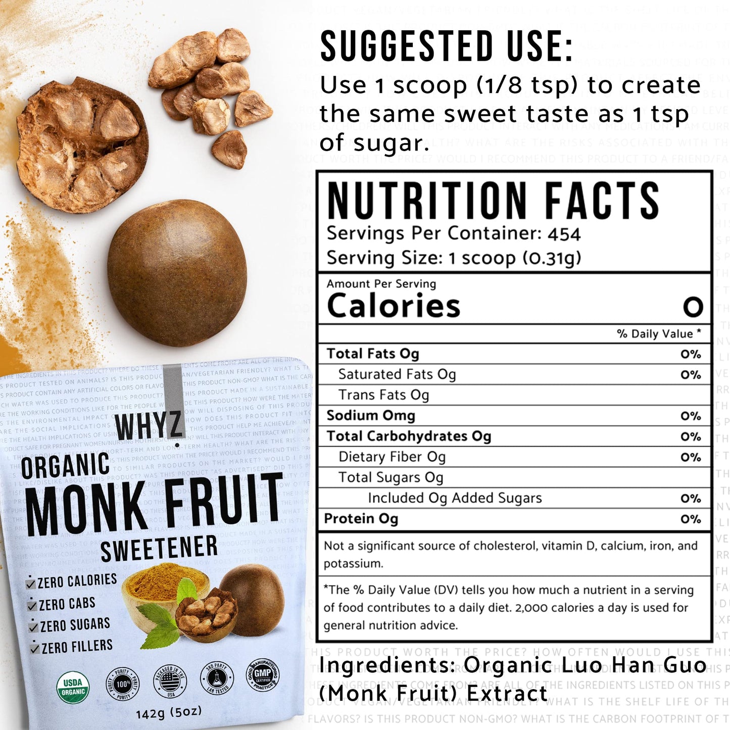 Organic Monk Fruit Extract, 5 oz, Pure Monk Fruit Sweetener Organic No Erythrytol and Zero Calorie, Sugar Substitute, Powdered M