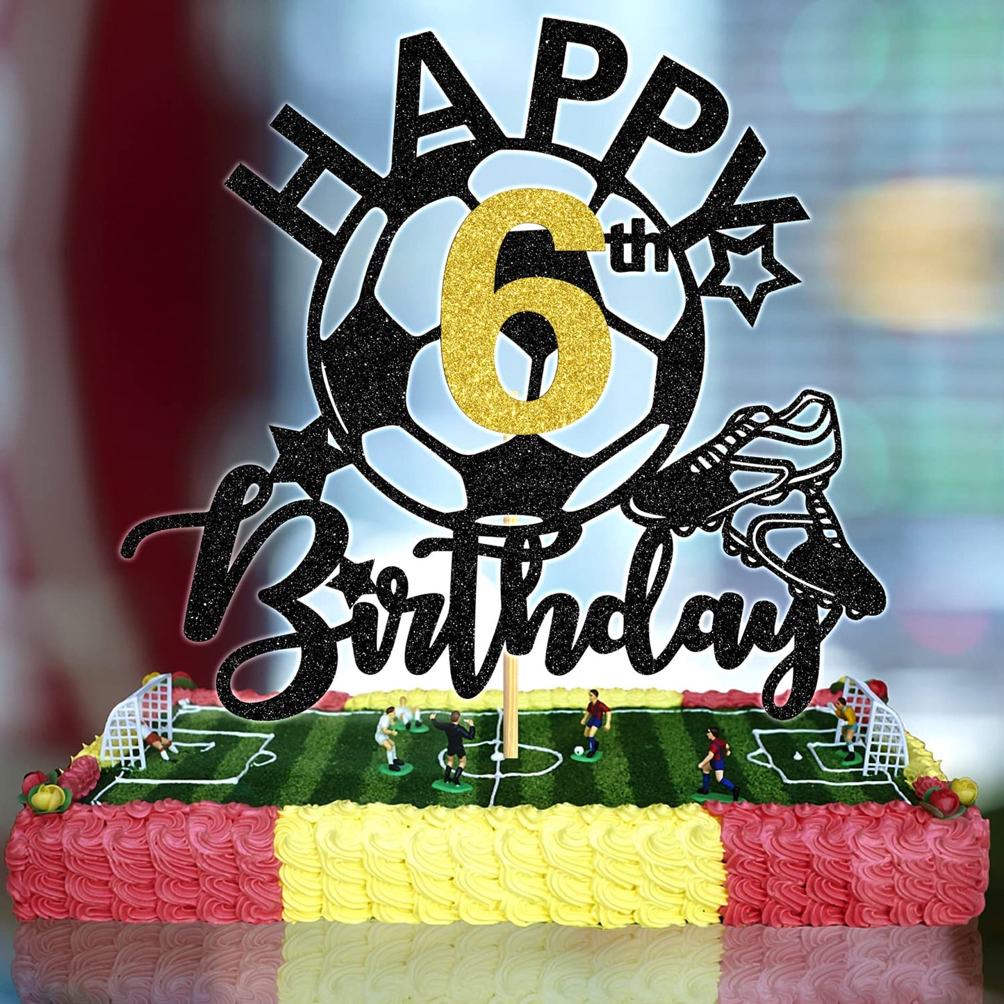 Aeryourtar Glitter Soccer Cake Topper - 6th Birthday Party Decorations, Paper, Soccer Theme, for Boys and Girls