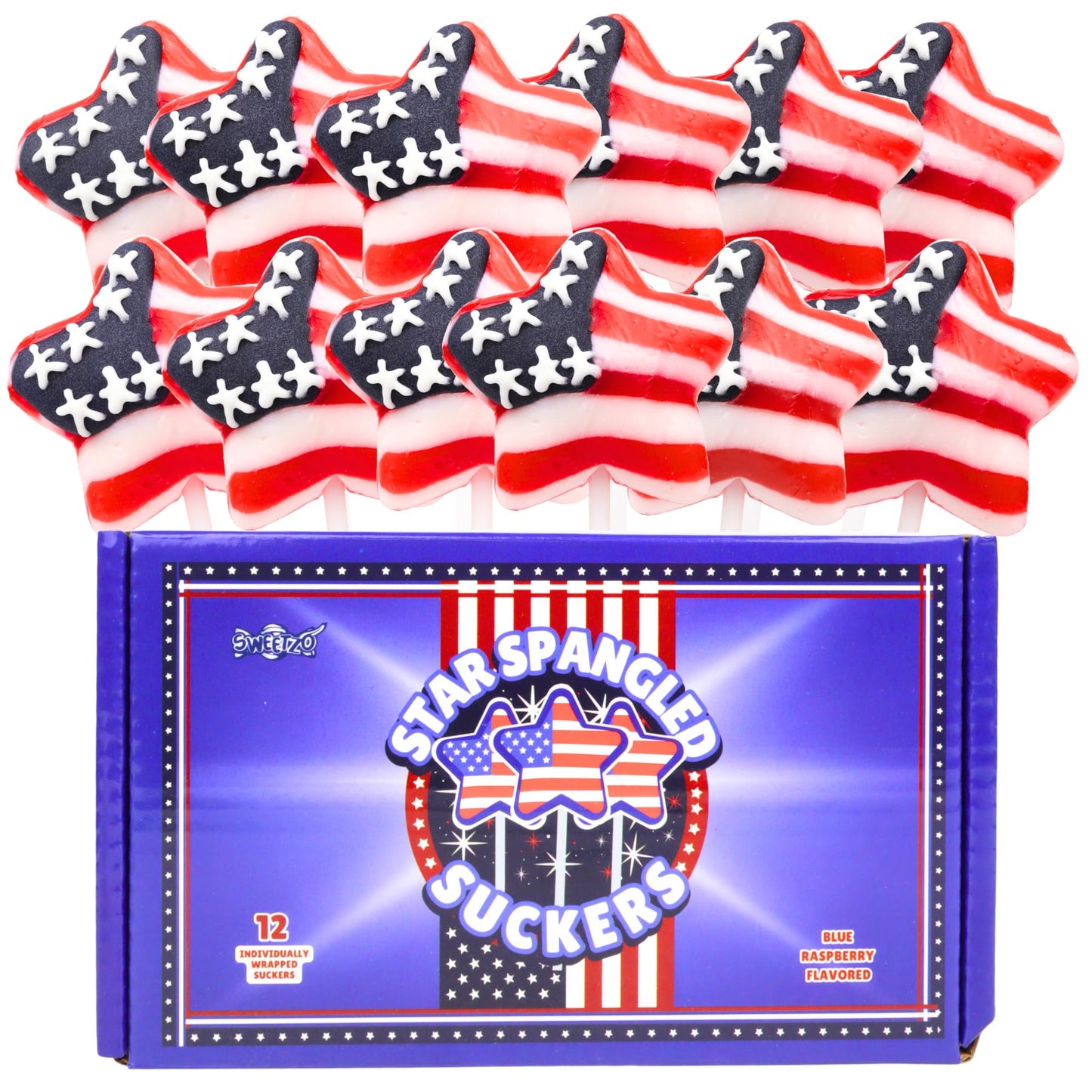 Sweetzo Red, White and Blue Star Suckers - 4th of July Individually Wrapped Lollipops, Standard Size