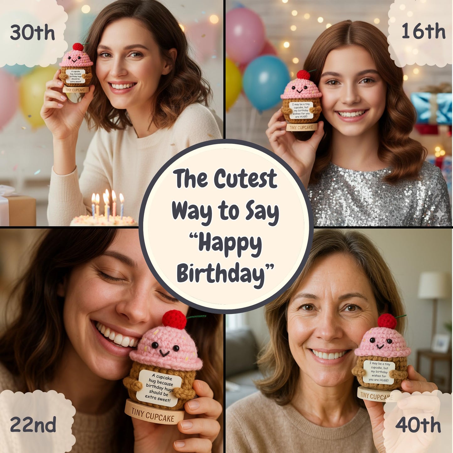 Happy Birthday Cupcake Crochet With 30 Birthday Cards | Funny Gift Idea For Women For 16Th, 21St, 17 Year Old, 30Th Birthdays | Cute Bday Party Decor For Her, Friends, Teens, Coworkers, Sister, Bestie