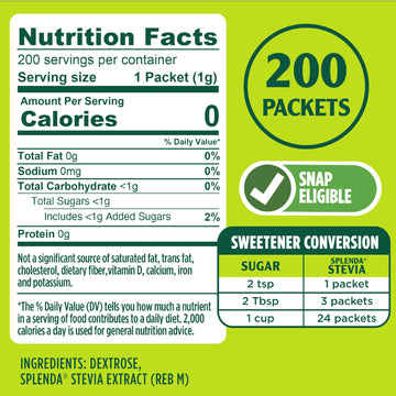 SPLENDA Stevia Zero Calorie Sweetener, Sugar Substitute Packets, 200 Count (Pack of 1)