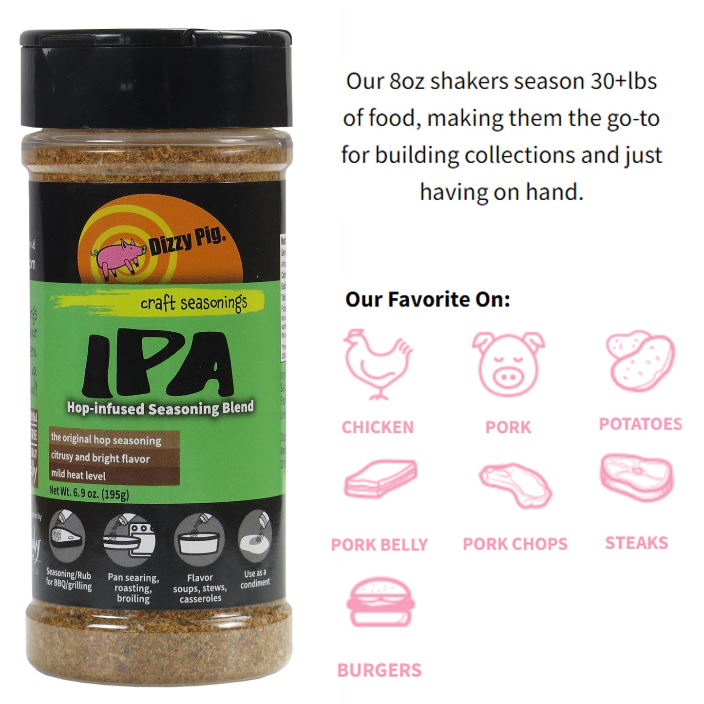 Dizzy Pig Ipa Hop-Infused Seasoning Rub Blend (8Oz Shaker) - Seasons 30+Lbs Of Food - Hand Made In The Usa - Msg Free, Gluten Fr
