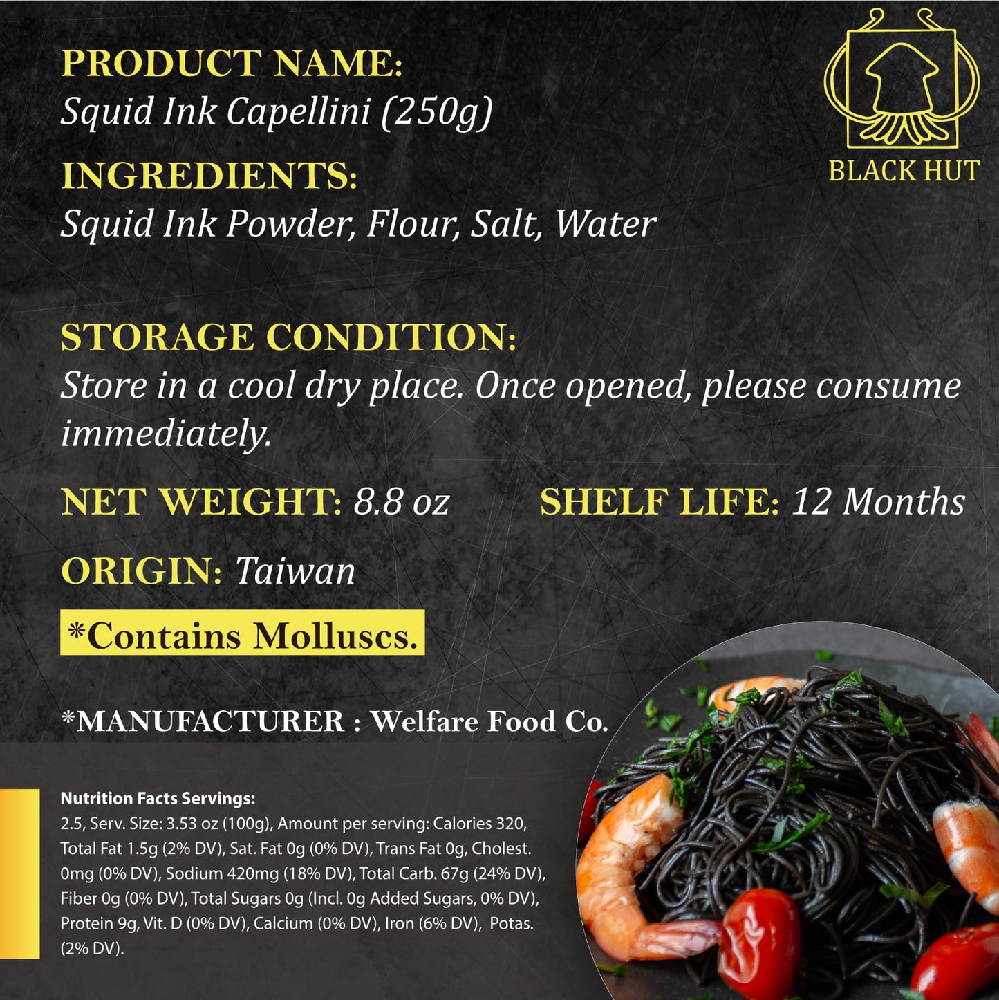 Black Hut Squid Ink Pasta - 8.8oz/ 250g, Skinny Capellini, Natural Ingredients, Spaghetti for Halloween Food, Angel Hair Pasta f
