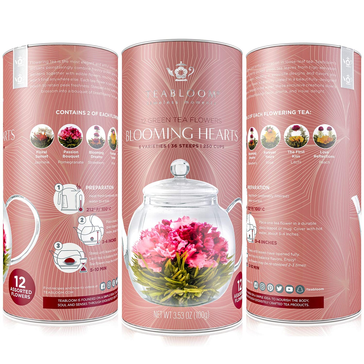 Teabloom Heart-Shaped Flowering Teas - 12 Assorted Blooming Tea Flowers - Green Tea + Jasmine, Pomegranate, Strawberry, Rose, Li