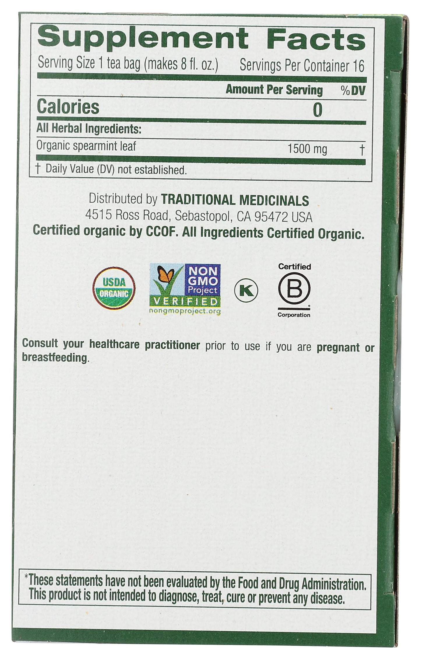 Traditional Medicinals Organic Spearmint herbal tea, Fair Trade Certified, 16 ct