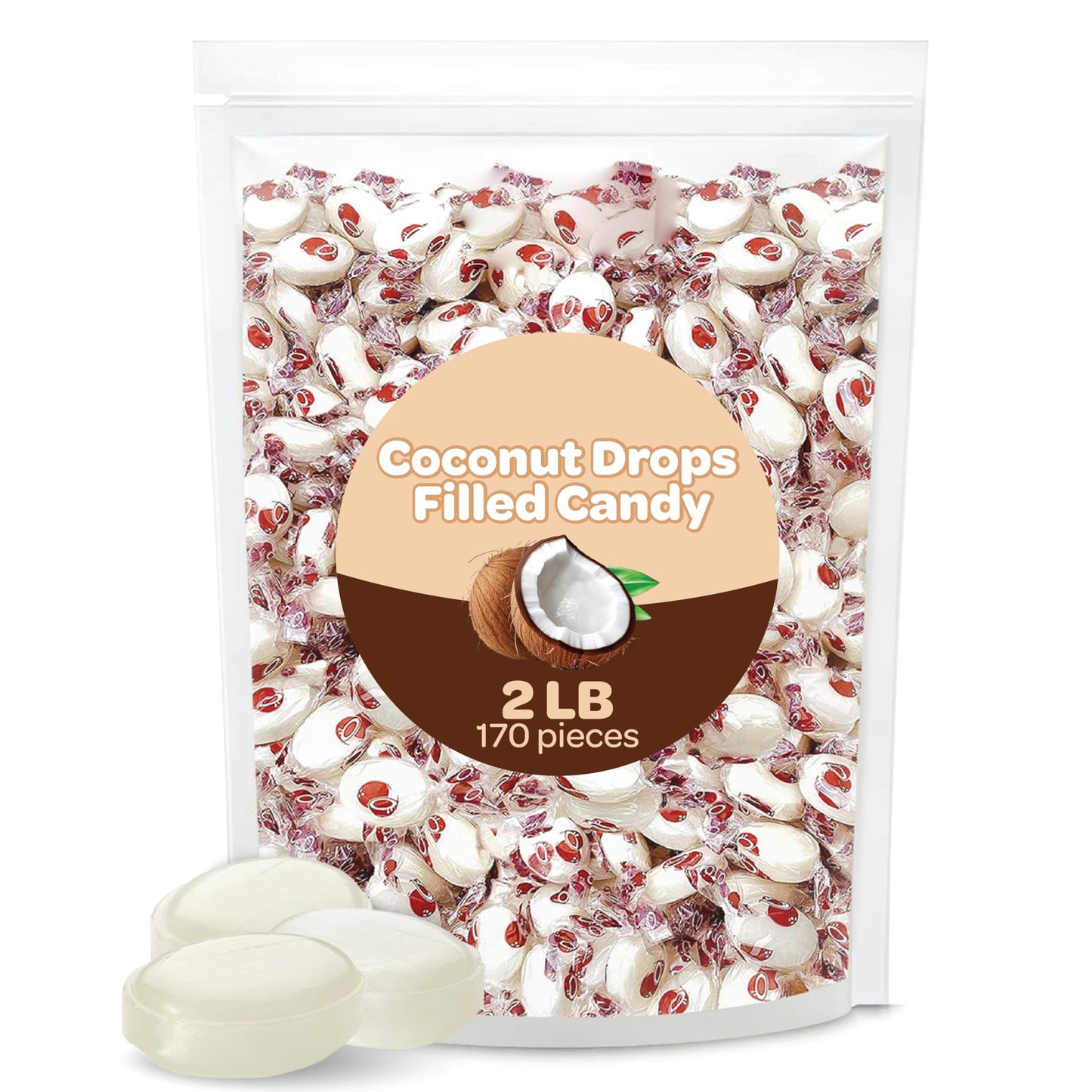 Funtasty Coconut Drops Filled Hard Candy, Individually Wrapped, Bulk Pack 2 Lbs