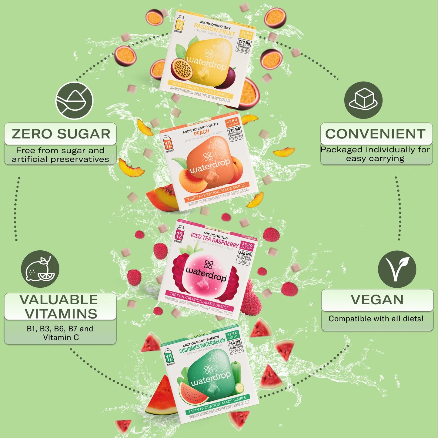 Waterdrop Hydration Cubes With Vitamin C, B Vitamins and Electrolytes, 4 Flavor Electrolyte Variety Pack, Flavored Water Enhance