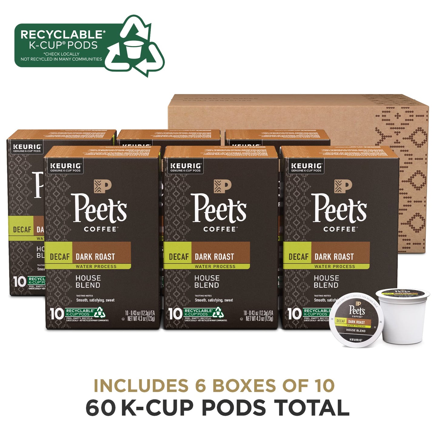 Peets Coffee Dark Roast Decaf K-Cup Pods - 60 Count (6 Boxes of 10) - Decaf House Blend - Model 515044