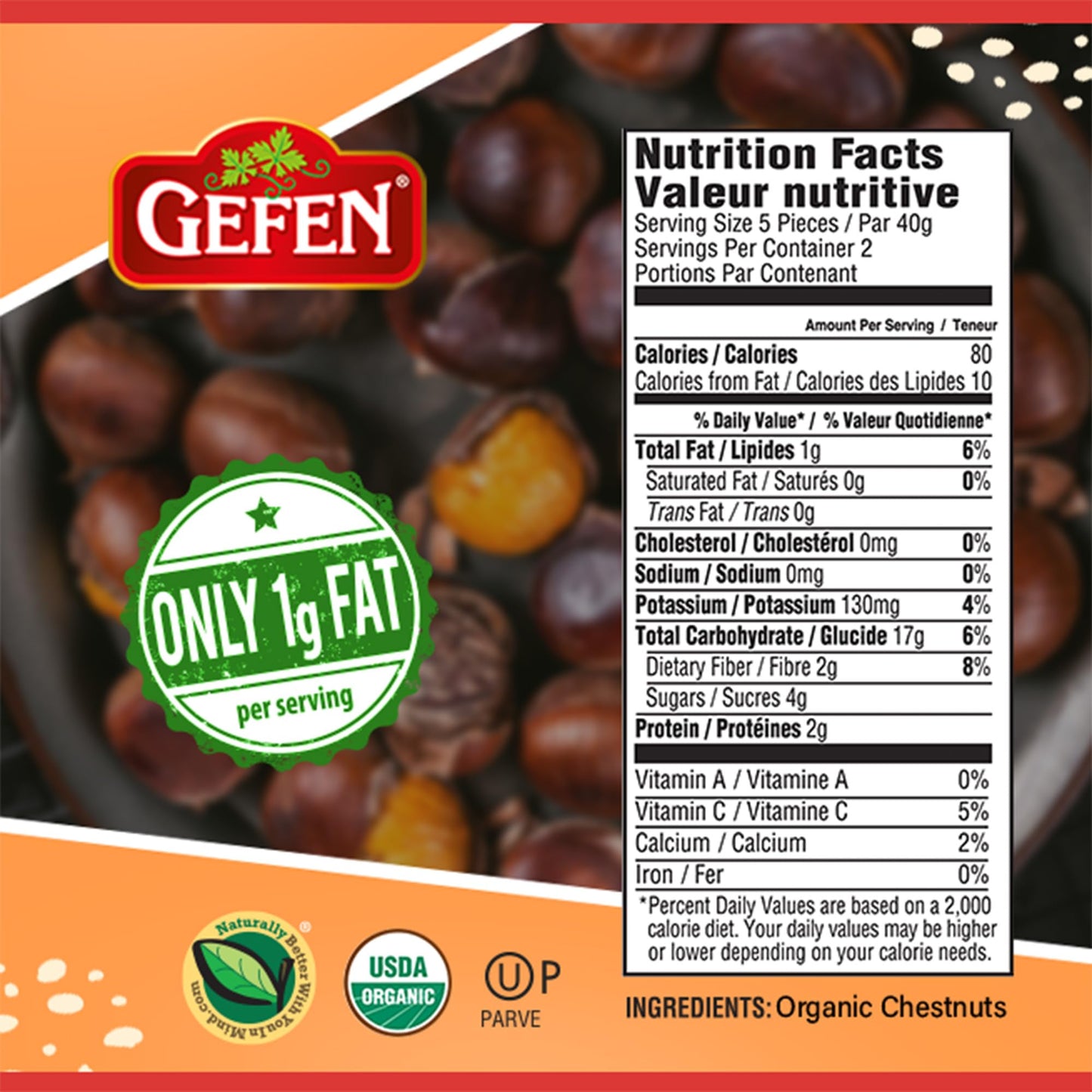 Gefen Organic Whole Peeled and Roasted Chestnuts, 3oz (6 Pack) | Chestnuts Peeled and Ready to Eat | Great for Cooking & Baking