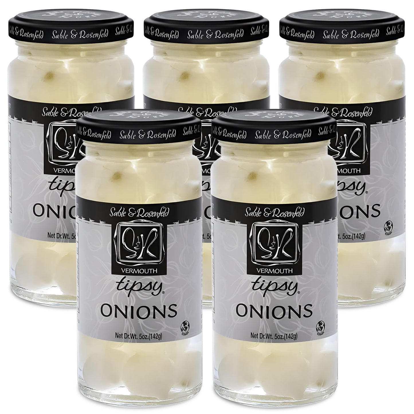 Sable & Rosenfeld Tipsy Cocktail Onions - Pickled Silverskin Onions, 5 oz Jar, Kosher Parve, Pack of 5