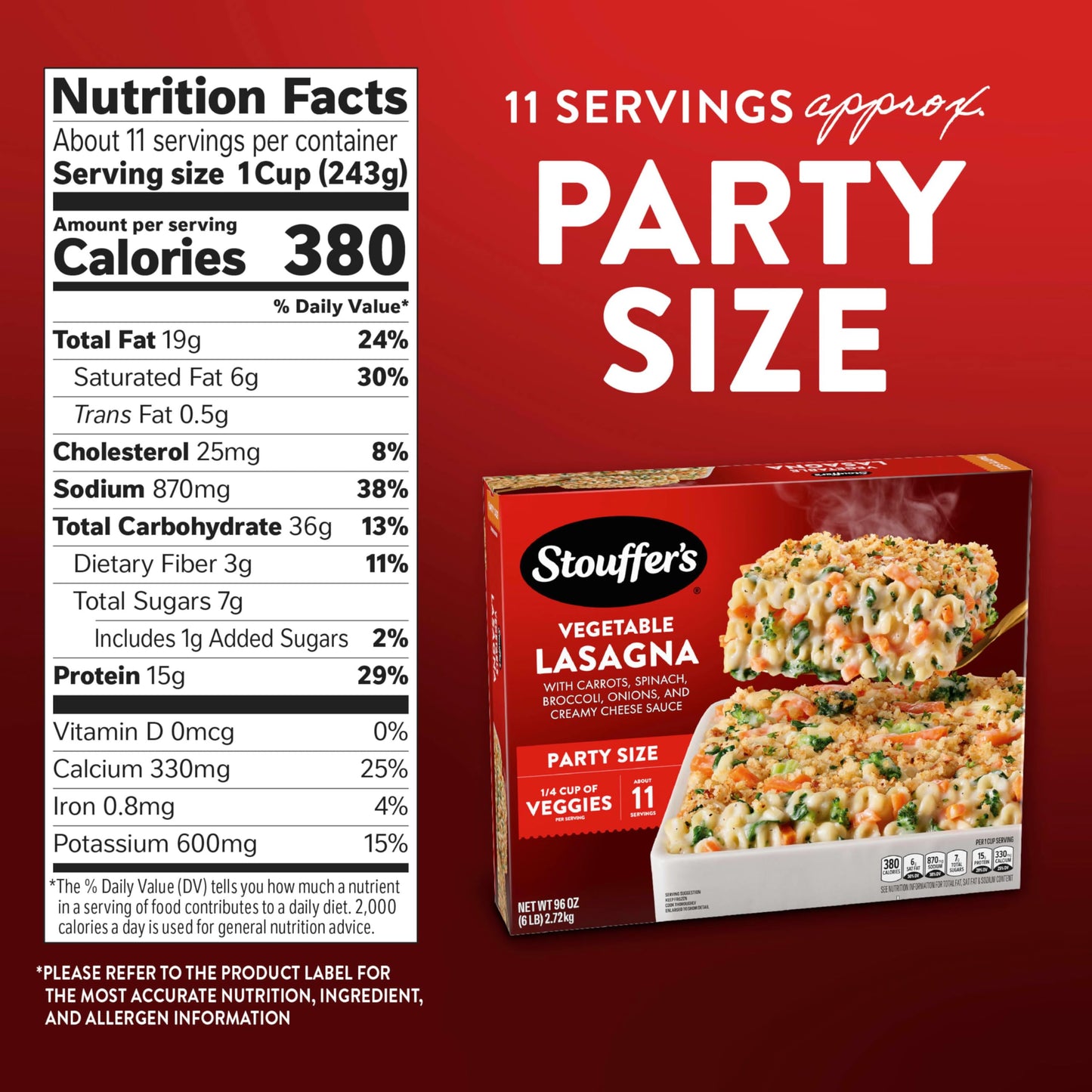 Stouffers Vegetable Lasagna, Party Size Lasagna, Easy Frozen Dinners 96 oz