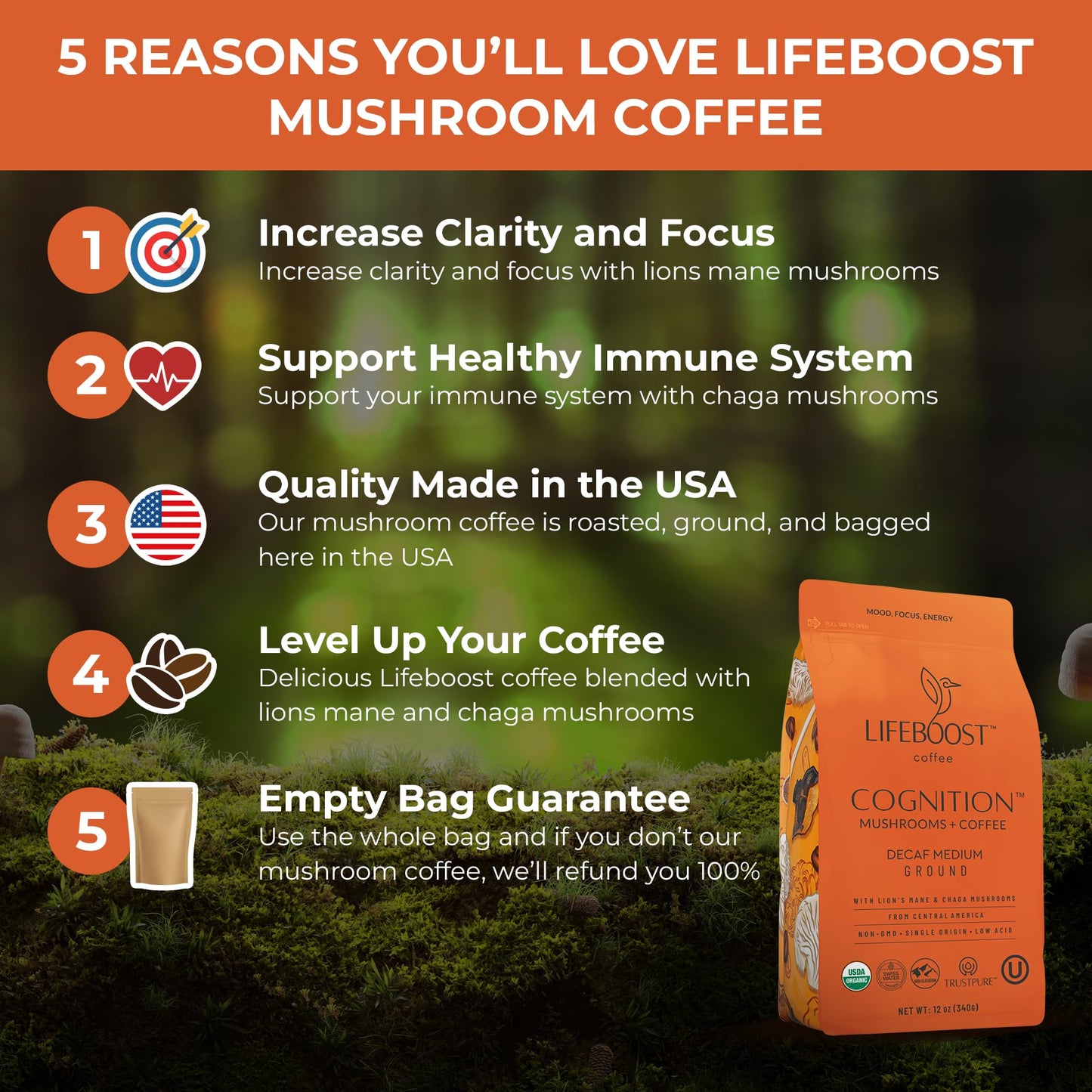 Lifeboost Cognition Adaptogenic Decaf Mushroom Coffee - Low Acid Decaf Medium Organic Coffee With Nootropic Lions Mane & Chaga M
