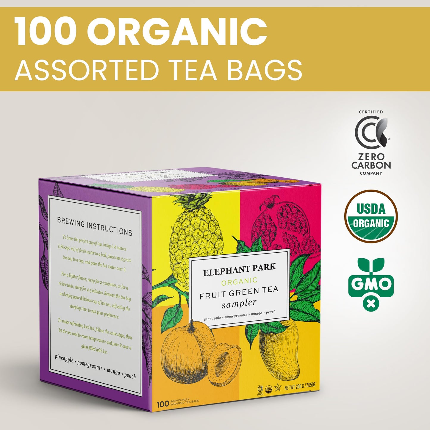 Elephant Park Organic Fruit Green Tea Sampler, 100 Assorted Bags, Caffeinated & Herbal, Pineapple, Pomegranate, Mango, Peach Flavors