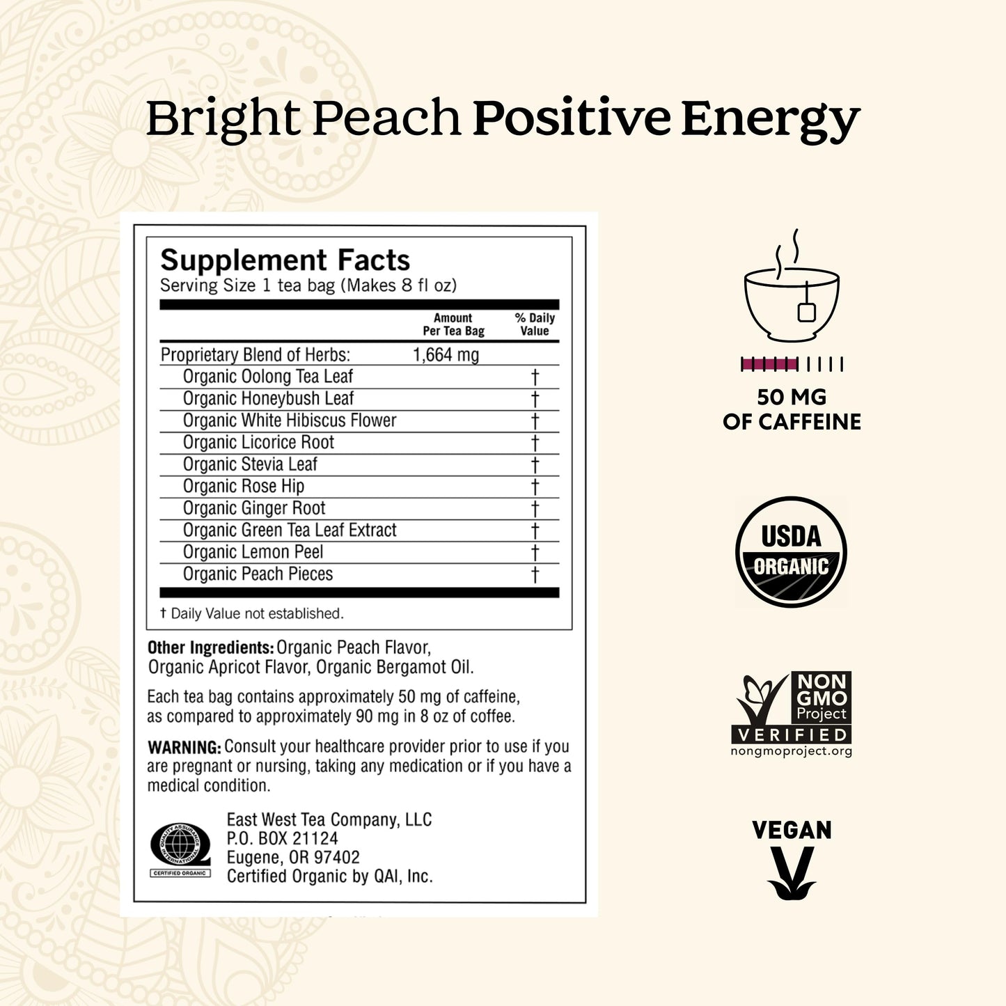 Yogi Tea Bright Peach Positive Energy Tea - 16 Tea Bags per Pack (6 Packs) - Organic Tea to Support Focus & Energy - Includes Oo