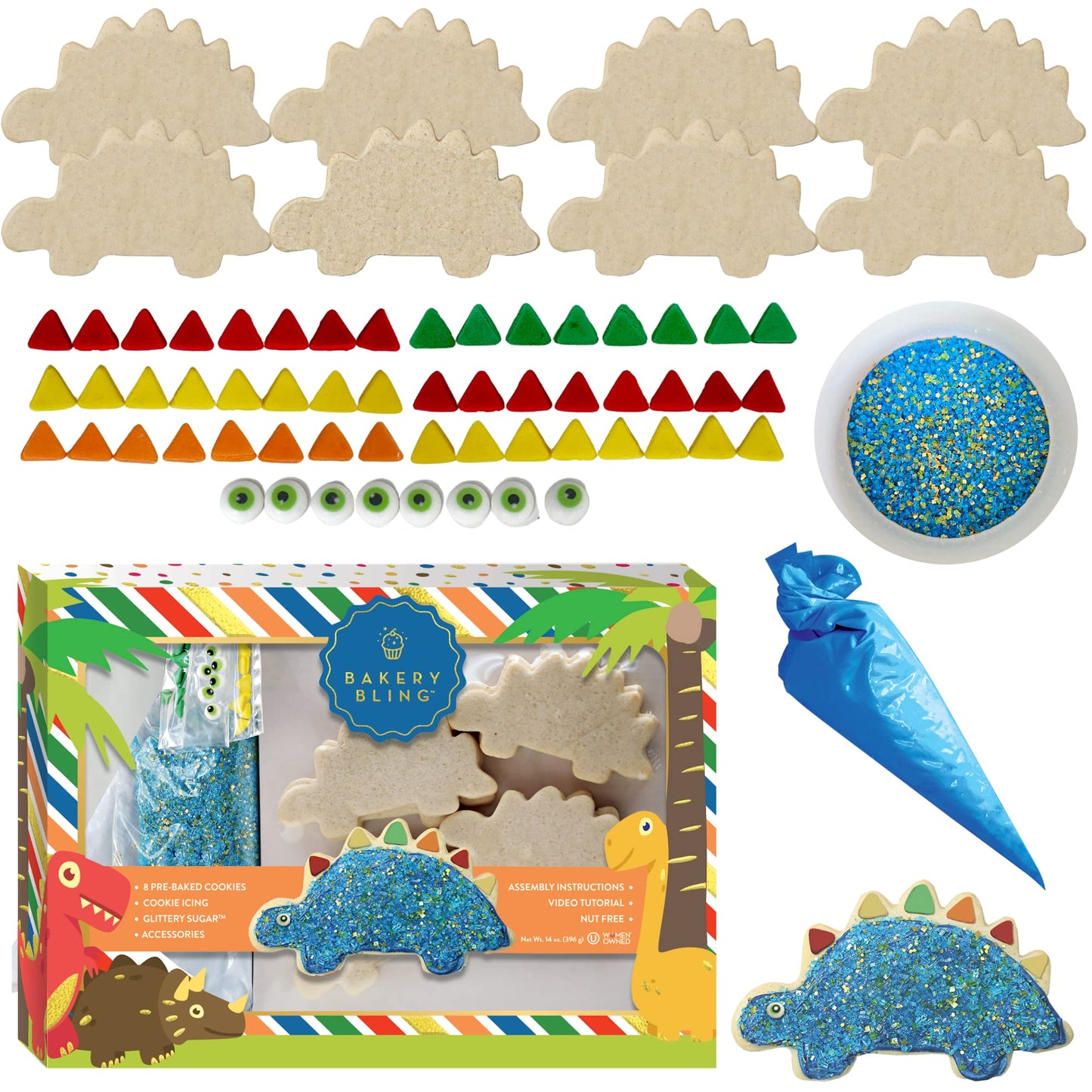 Cookie Decorating Kit With Cookies - Dinosaur Designer Sugar Cookie Kit - 8 Pre-Baked Vanilla Dinosaur Cookies, Cookie Icing, Ed
