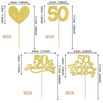24 Pcs 50Th Anniversary Cupcake Toppers Gold Glitter Heart 50 Golden Wedding Anniversary Cupcake Picks For Cheers To 50 Years Bl