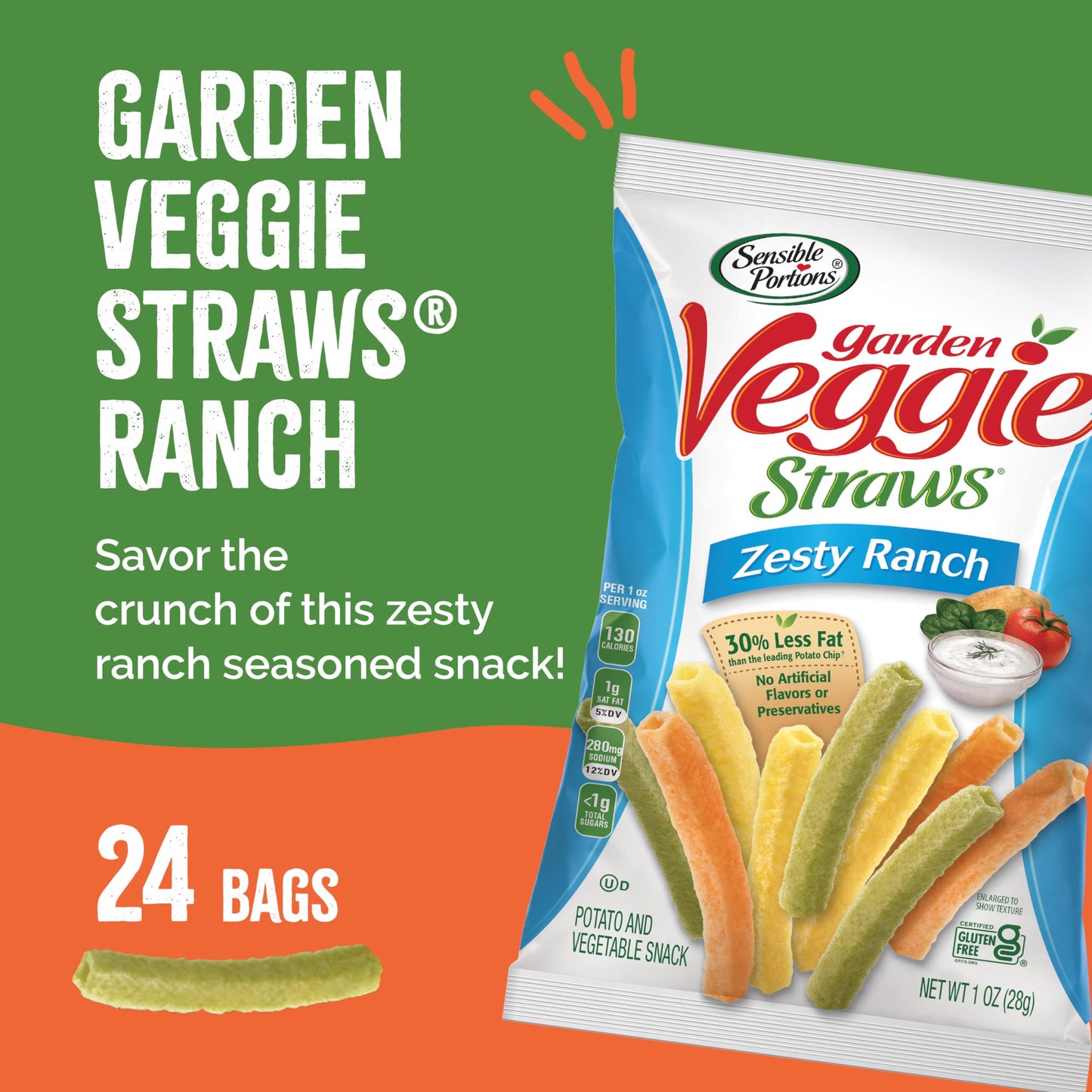 Sensible Portions Garden Veggie Straws, Ranch, Snack Size, 1 Oz (Pack Of 24)