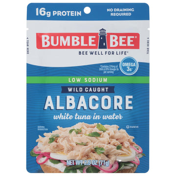 Bumble Bee Low Sodium Chunk White Albacore Tuna in Water, 2.5 oz Pouch - Ready to Eat Wild Caught Tuna Packet - 16g Protein per 