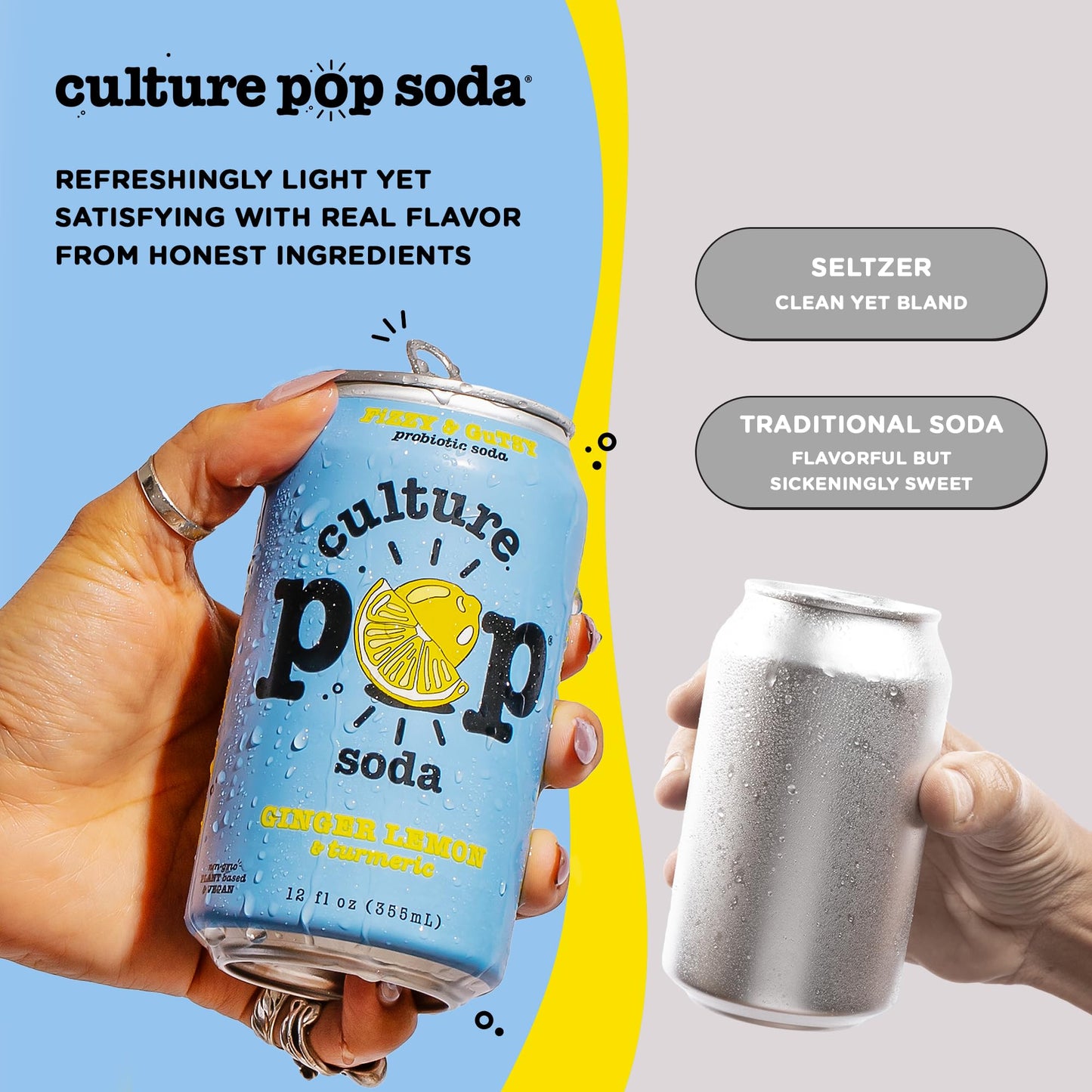 Culture Pop Soda Sparkling Probiotic Drink, Vegan Soda for Gut Health, Non-GMO, GF, No Added Sugar, 12 Pack, 12 Fl Oz Cans, Ging