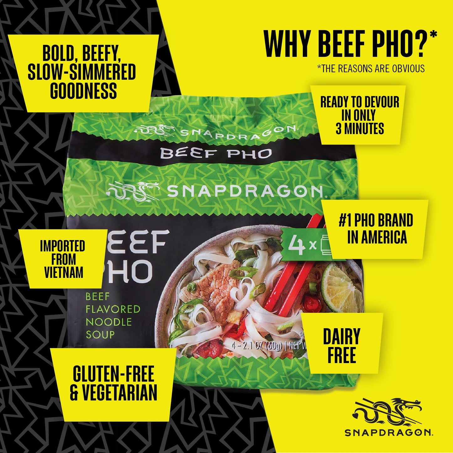 Snapdragon Beef Pho Instant Noodle Packets 4-Pack | 2.1 oz (4 Pack)