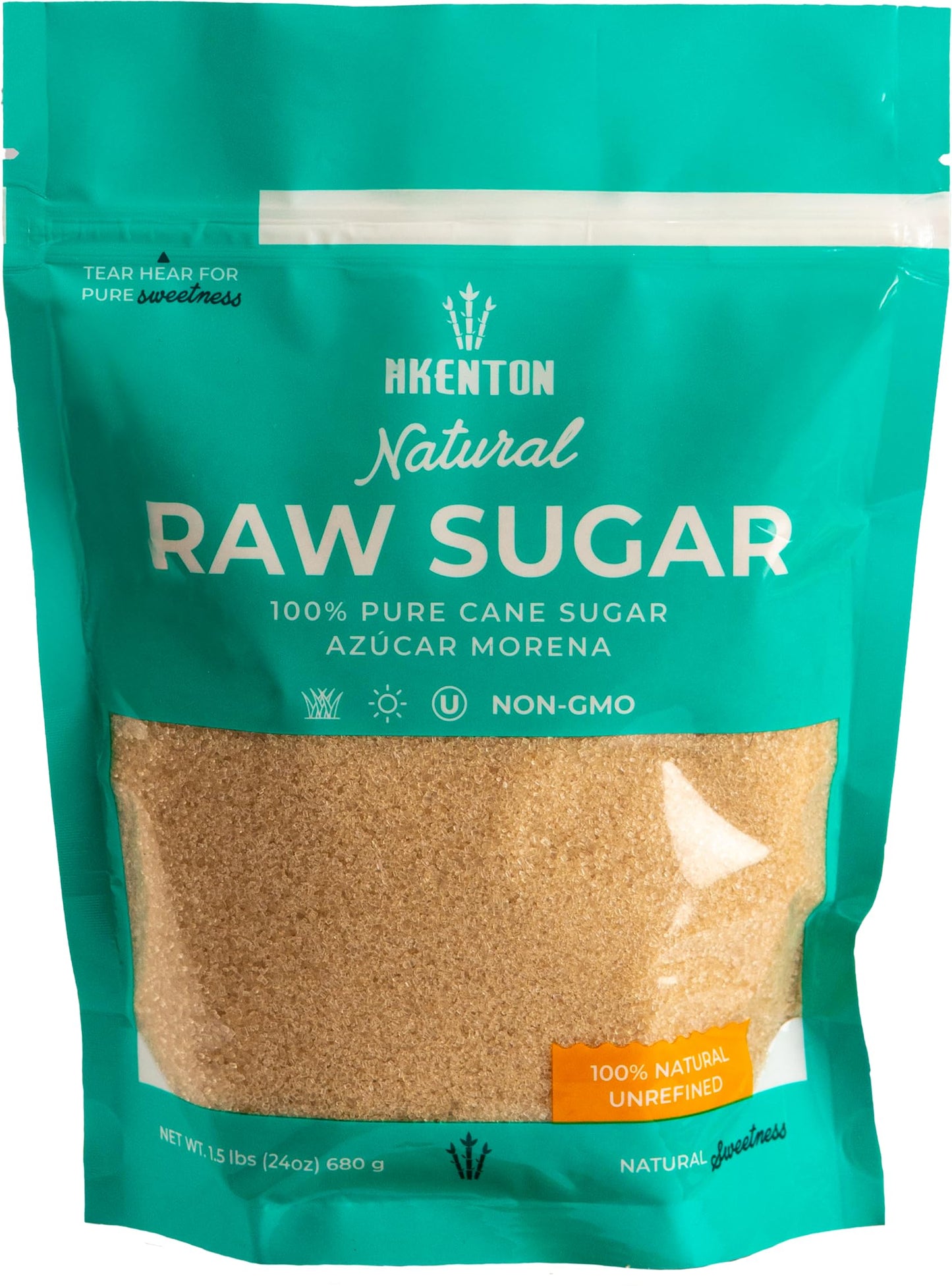 Akenton Natural Raw Cane Sugar, 3 Pound Resealable Bag | 100% Natural, Unprocessed, Unbleached, Unrefined Sugar | Gluten-Free, V