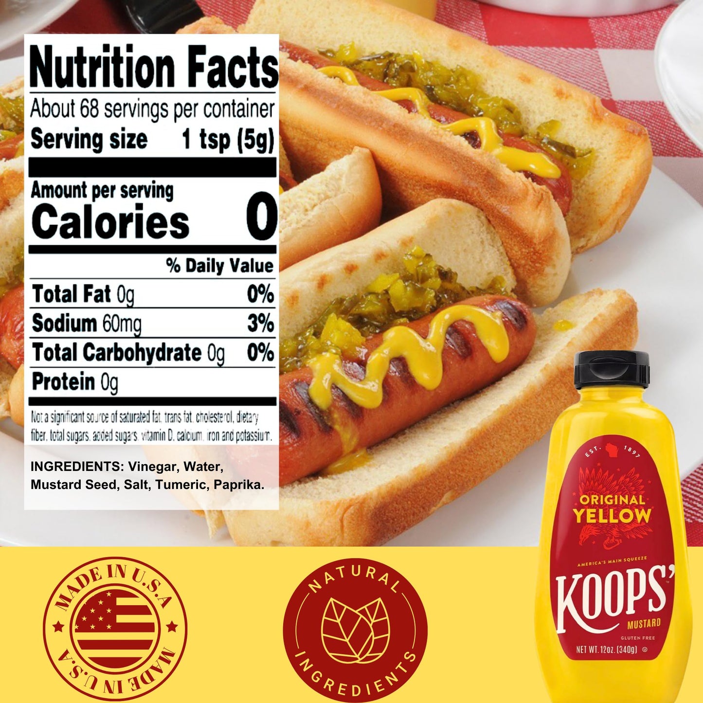 KOOPS Original Yellow Mustard, Gourmet, Gluten-Free, Kosher, 12 Oz, Pack of 4