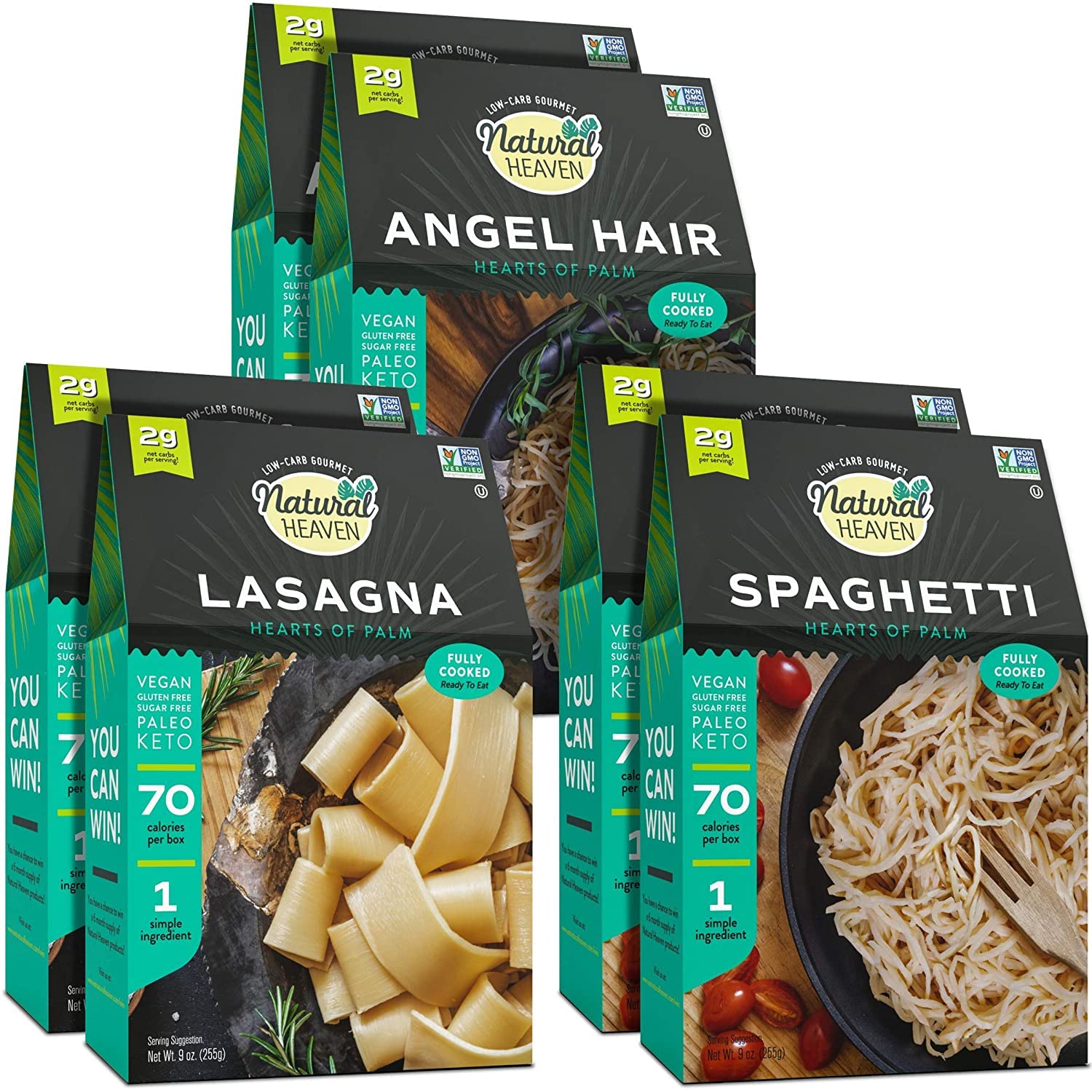 Natural Heaven Hearts Of Palm Pasta Variety Pack - Low Carb Pasta, Gluten-Free, Keto Pasta Noodles, Lasagna, Angel Hair Pasta &