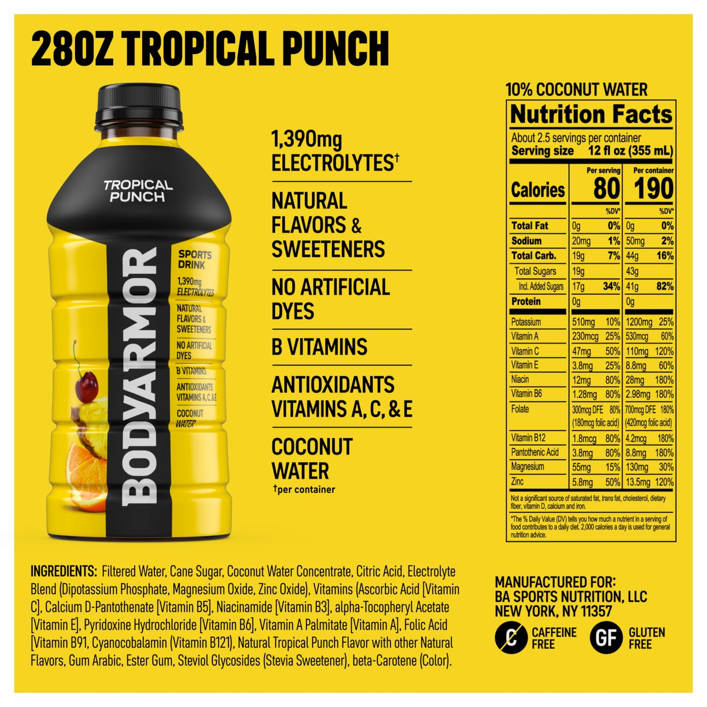 BODYprotective covering Sports Drink  Tropical Punch  Electrolyte Drink Hydration  28 Fl Oz Bottles (15 Pack)  Flavored Coconut Water with B Vitamins & Antioxidants