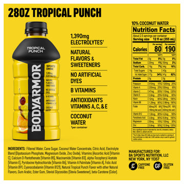 BODYprotective covering Sports Drink  Tropical Punch  Electrolyte Drink Hydration  28 Fl Oz Bottles (15 Pack)  Flavored Coconut Water with B Vitamins & Antioxidants