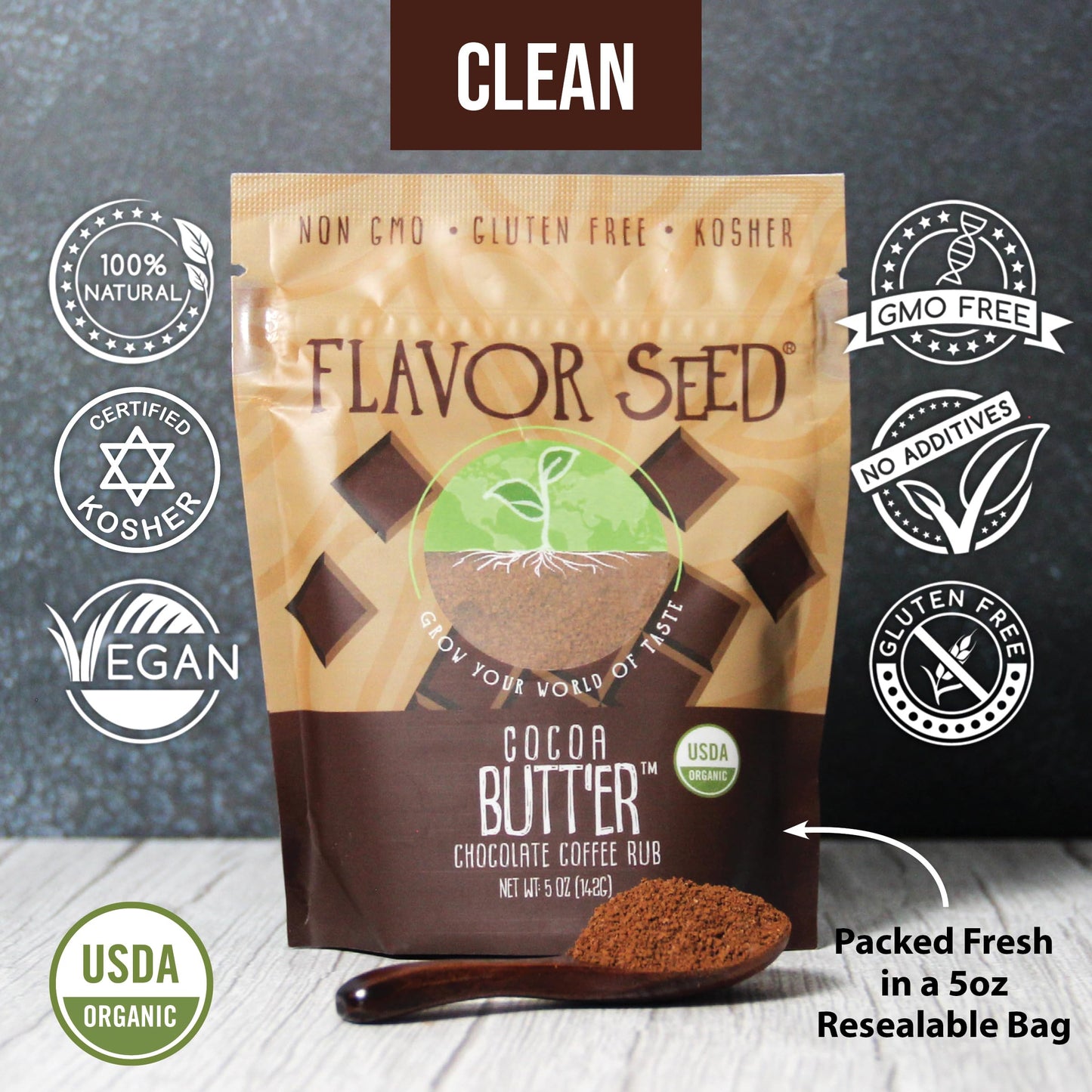 Flavor Seed Cocoa Butt'Er Organic Chocolate Coffee Brisket Rub & Butt Rub Seasoning. Gourmet Spice Mix For Cooking, Grilling & B