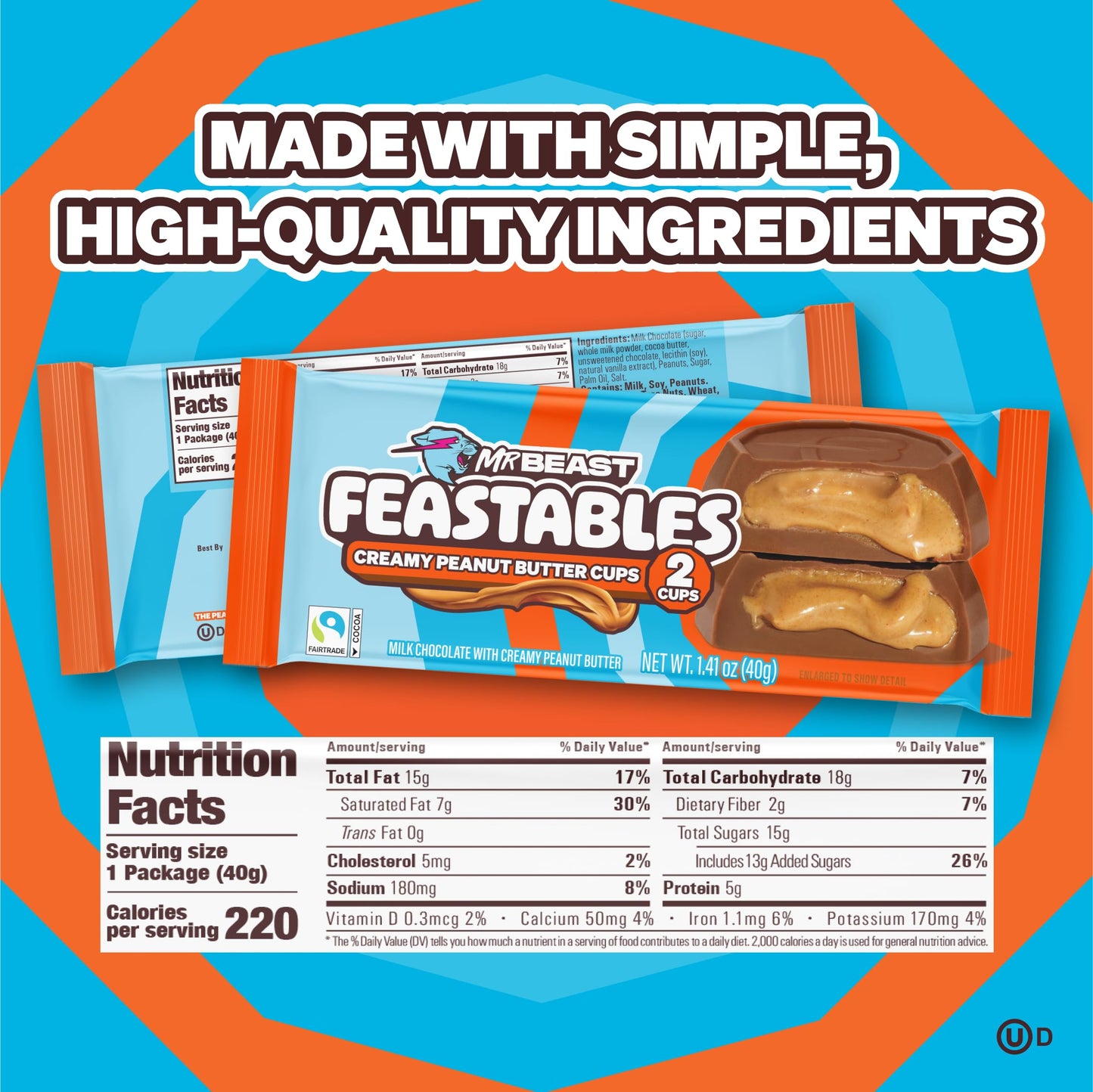 Feastables Mrbeast Peanut Butter Cups, Milk Chocolate & Creamy Peanut Butter Filling, Cups For Mature-Themeds & Kids, Chocolate Candy For Snacks, Gifts, Or Dessert, Made With Fairtrade Cocoa, 2 Pack, 24 Count