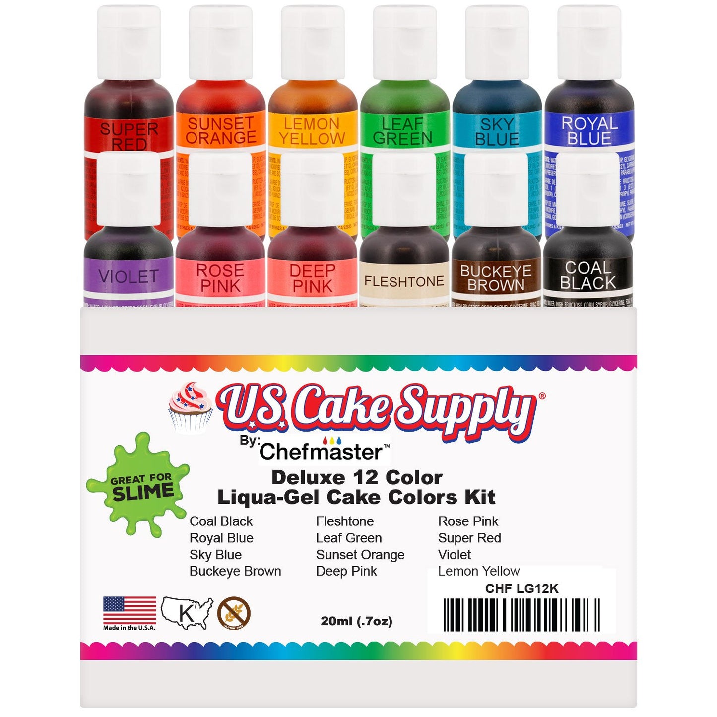 12 Color Food Coloring Liqua-Gel Decorating Kit - U.S. Art Supply Food Grade, 0.75 Fl. Oz. (20Ml) Bottles, Non-Toxic Primary Pop