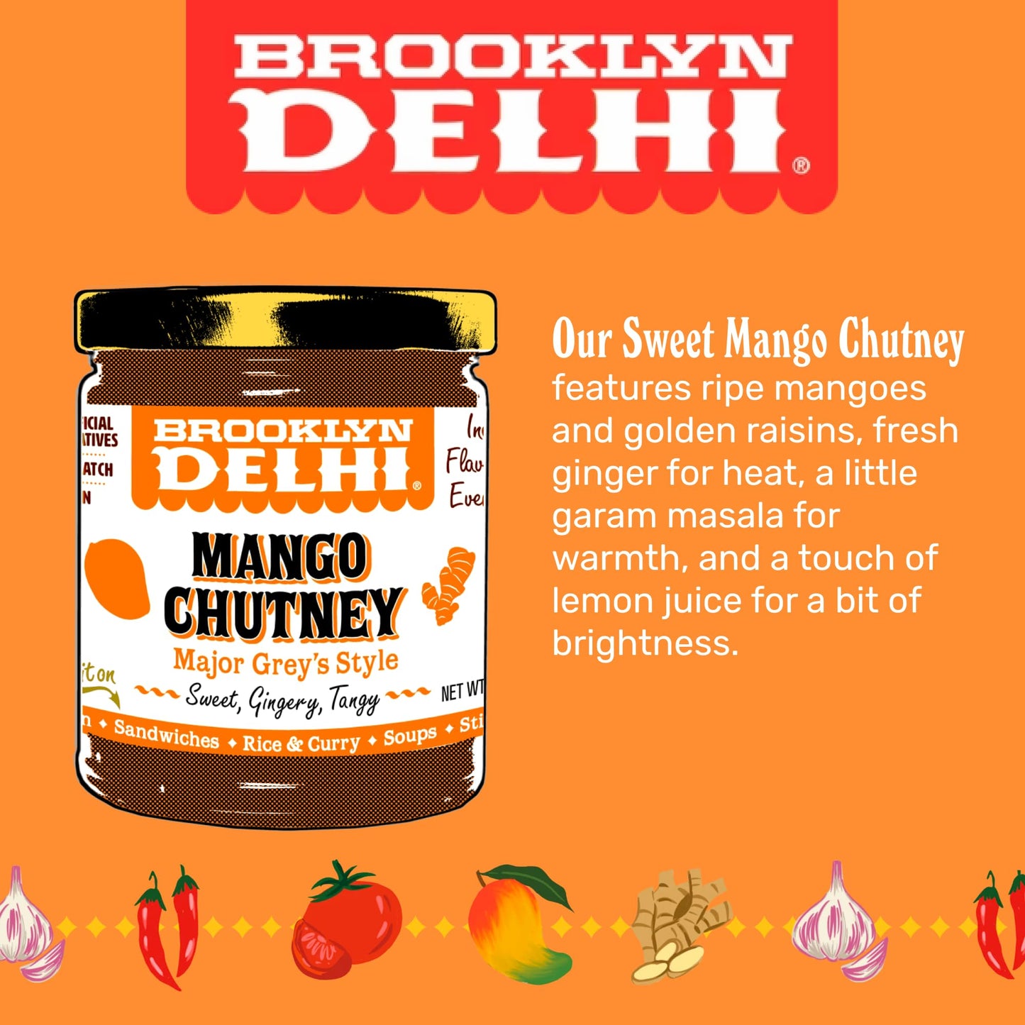 Brooklyn Delhi Mango Chutney - 9oz - Vegan, Made with Ripe Mangos, Ginger, Garam Masala - No Artificial Additives, Perfect for Dips & Sauces