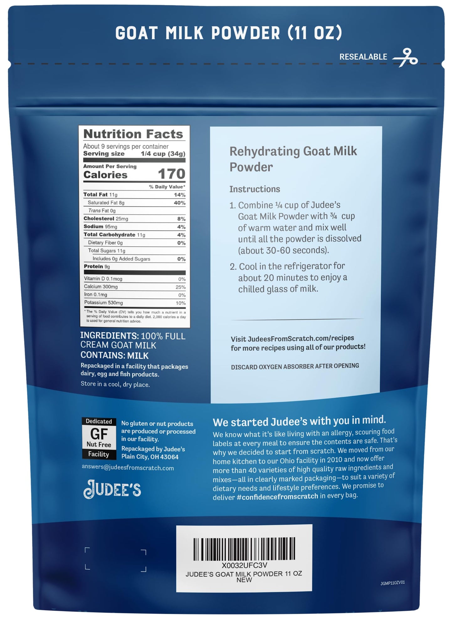 Judees Goat Milk Powder 11 Oz - Blends Well In Smoothies And Great For Baking - Convenient For Travel, Hiking, And Camping - Non