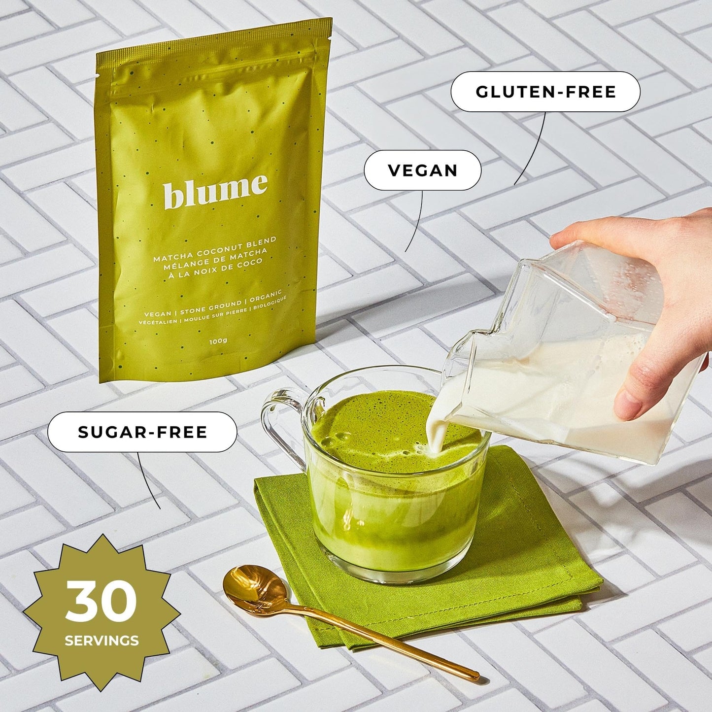 Blume Matcha Latte Powder - Organic Vegan, Sugar-Free, Natural Caffeine, 3.5 Ounce